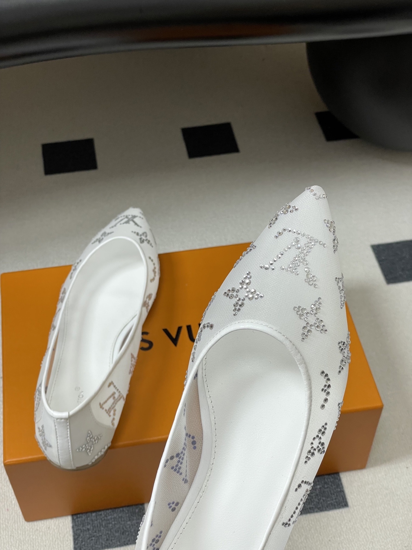 Luxury White Crystal Monogram Mesh Pointed Toe Ballet Flats