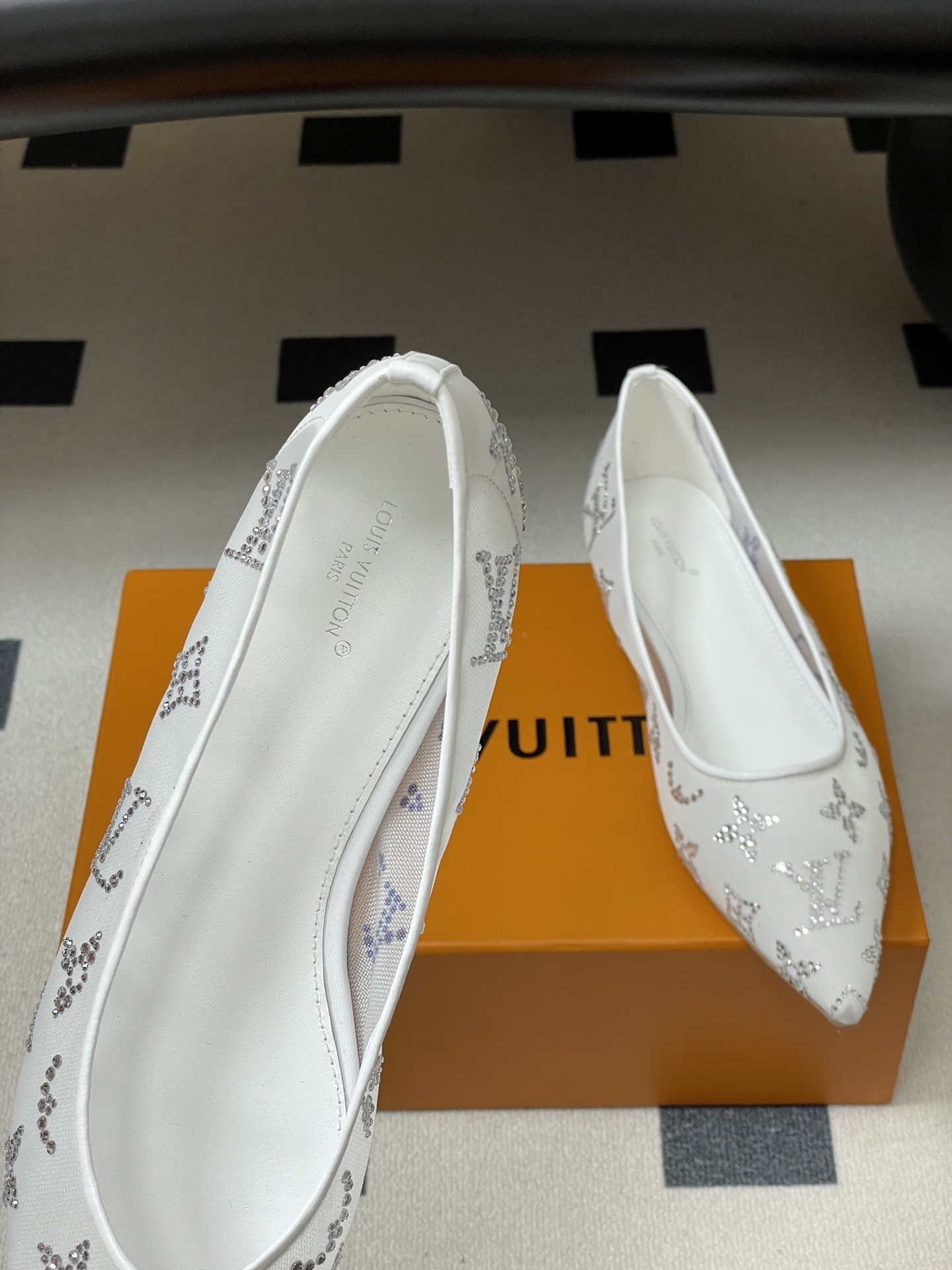 Luxury White Crystal Monogram Mesh Pointed Toe Ballet Flats