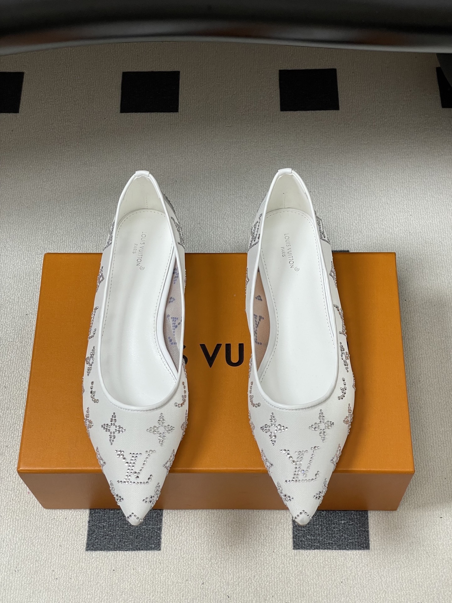 Luxury White Crystal Monogram Mesh Pointed Toe Ballet Flats
