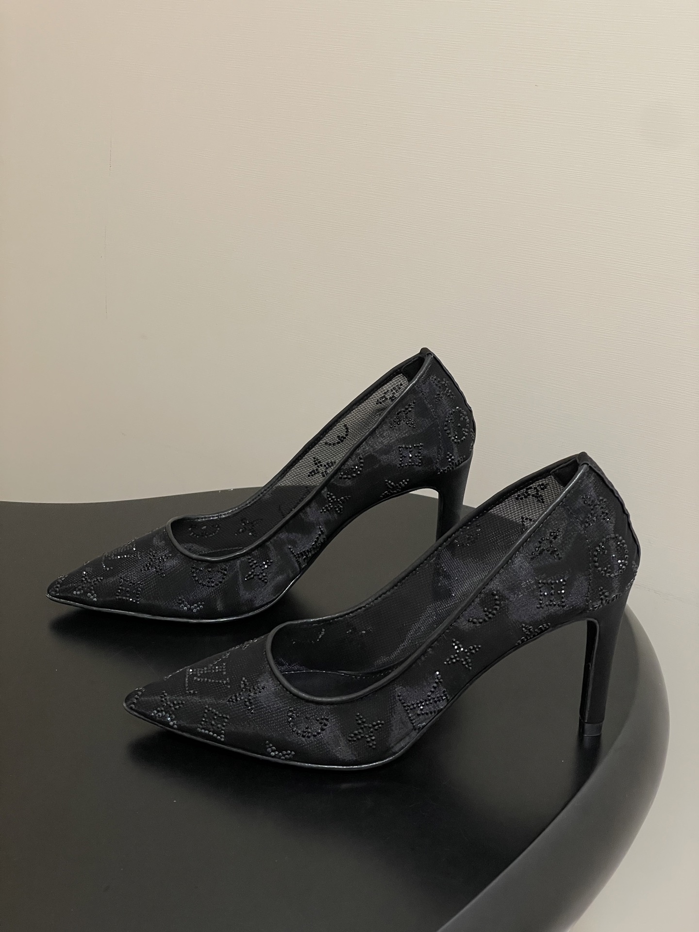 Elegant Black Mesh Monogram Pointed Toe Stiletto Pumps