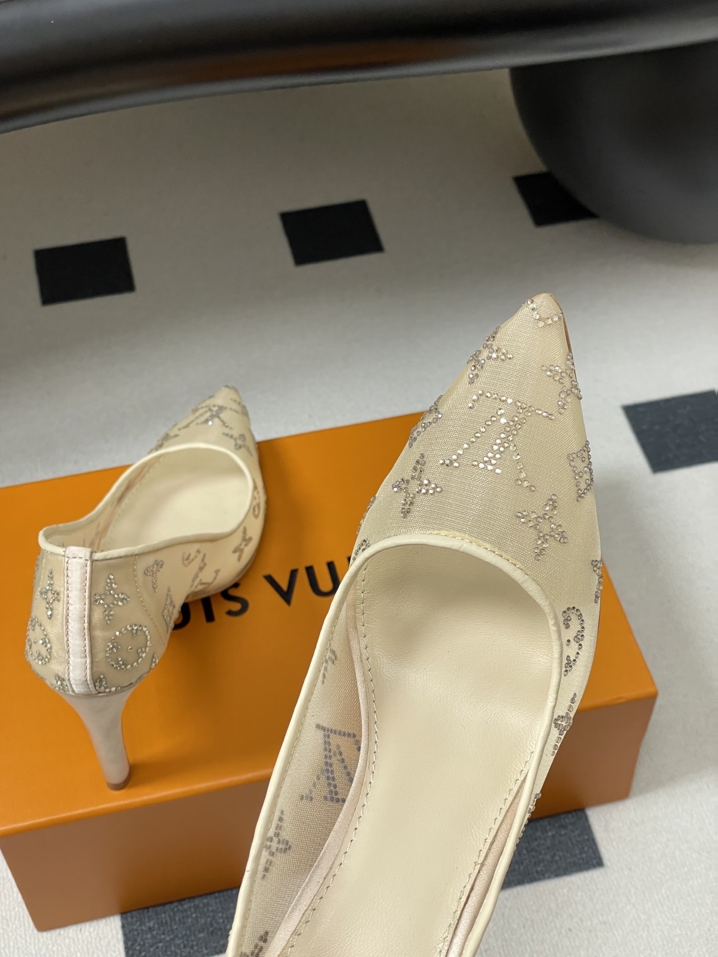 Elegant Monogram Rhinestone Mesh Pointed Toe Pumps - Beige