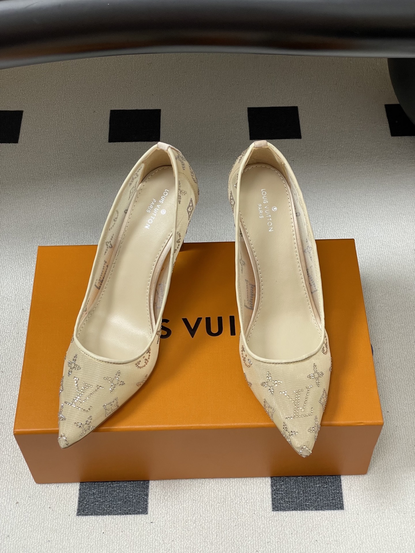Elegant Monogram Rhinestone Mesh Pointed Toe Pumps - Beige