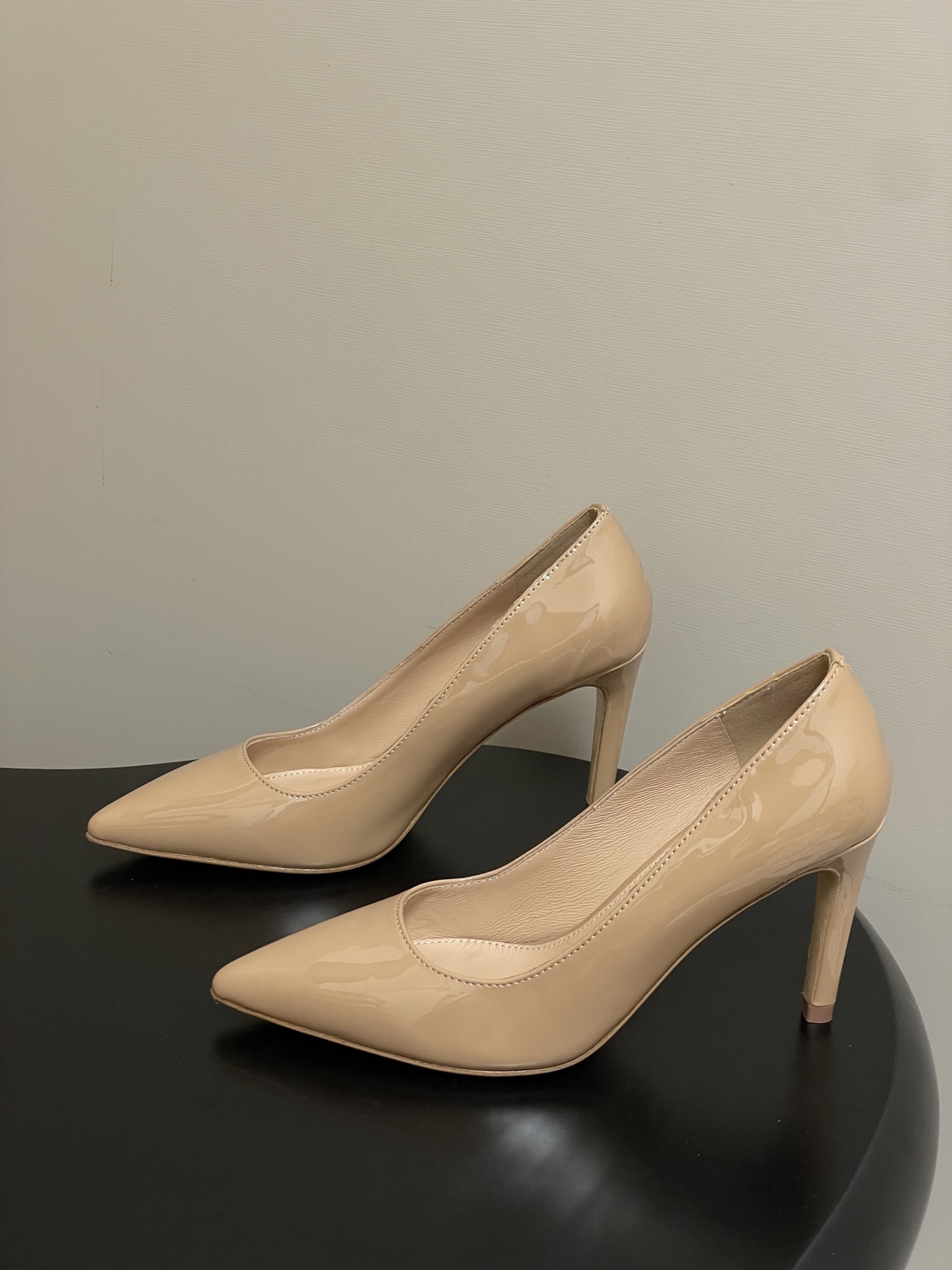 Elegant Nude Patent Leather Pointed-Toe Pumps - Classic High Heels