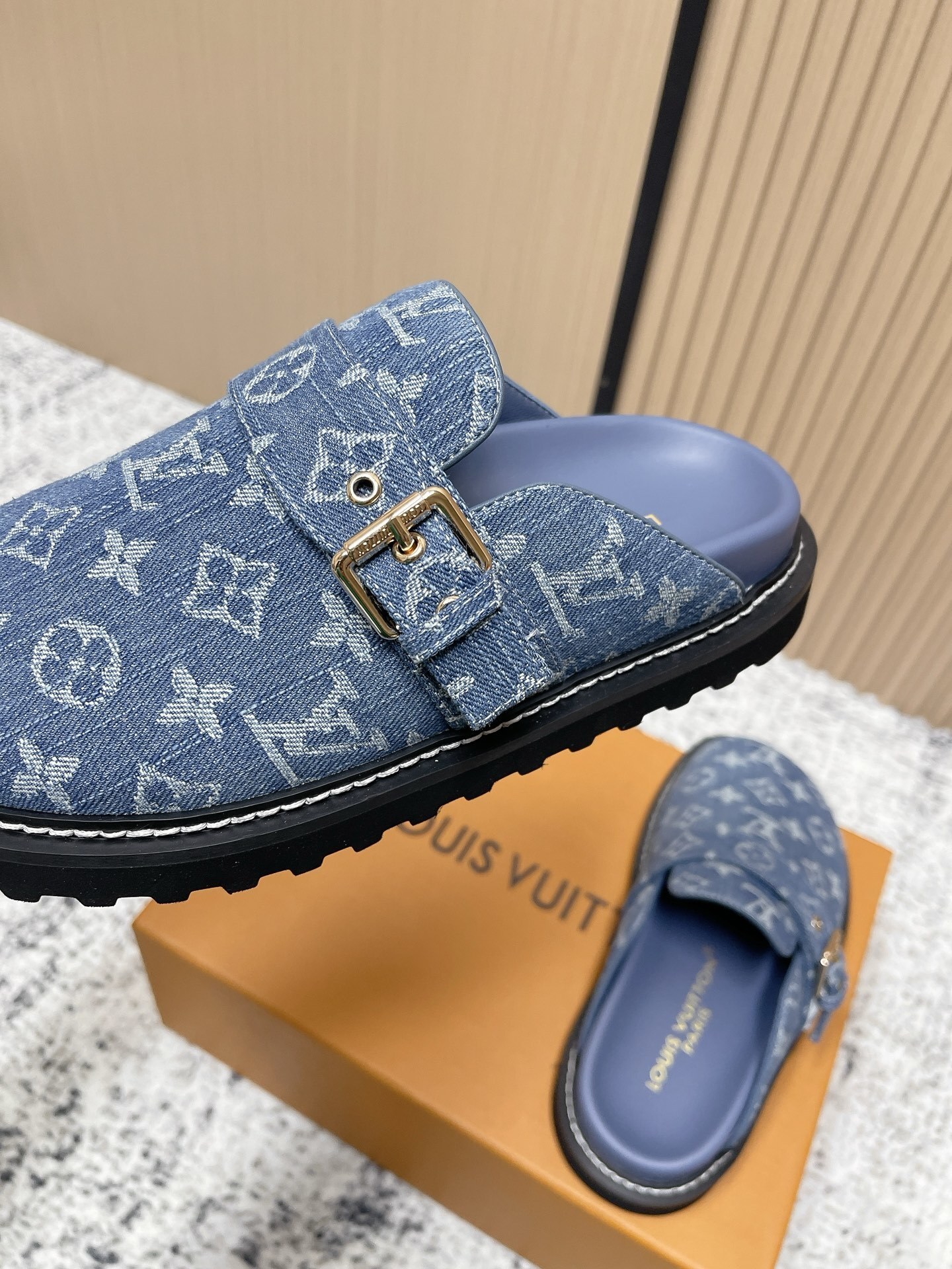 Luxury Blue Monogram Denim Mules with Adjustable Buckle Strap