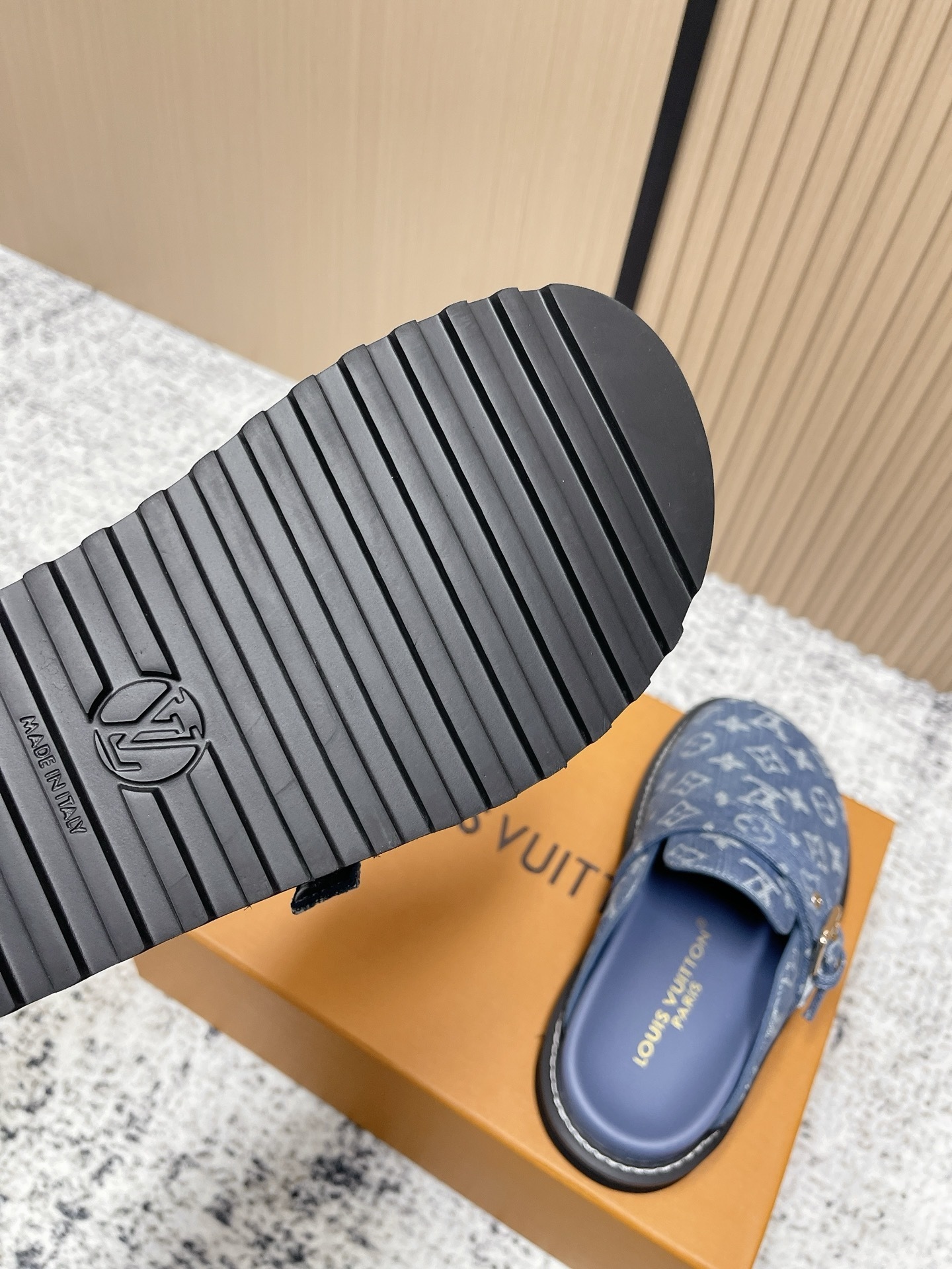 Luxury Blue Monogram Denim Mules with Adjustable Buckle Strap