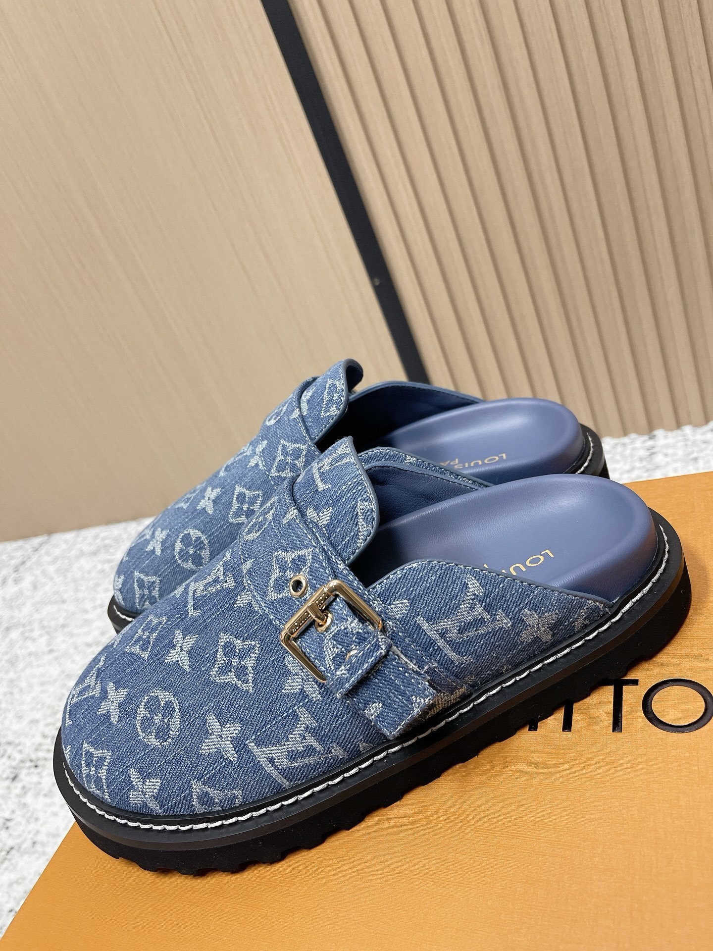 Luxury Blue Monogram Denim Mules with Adjustable Buckle Strap