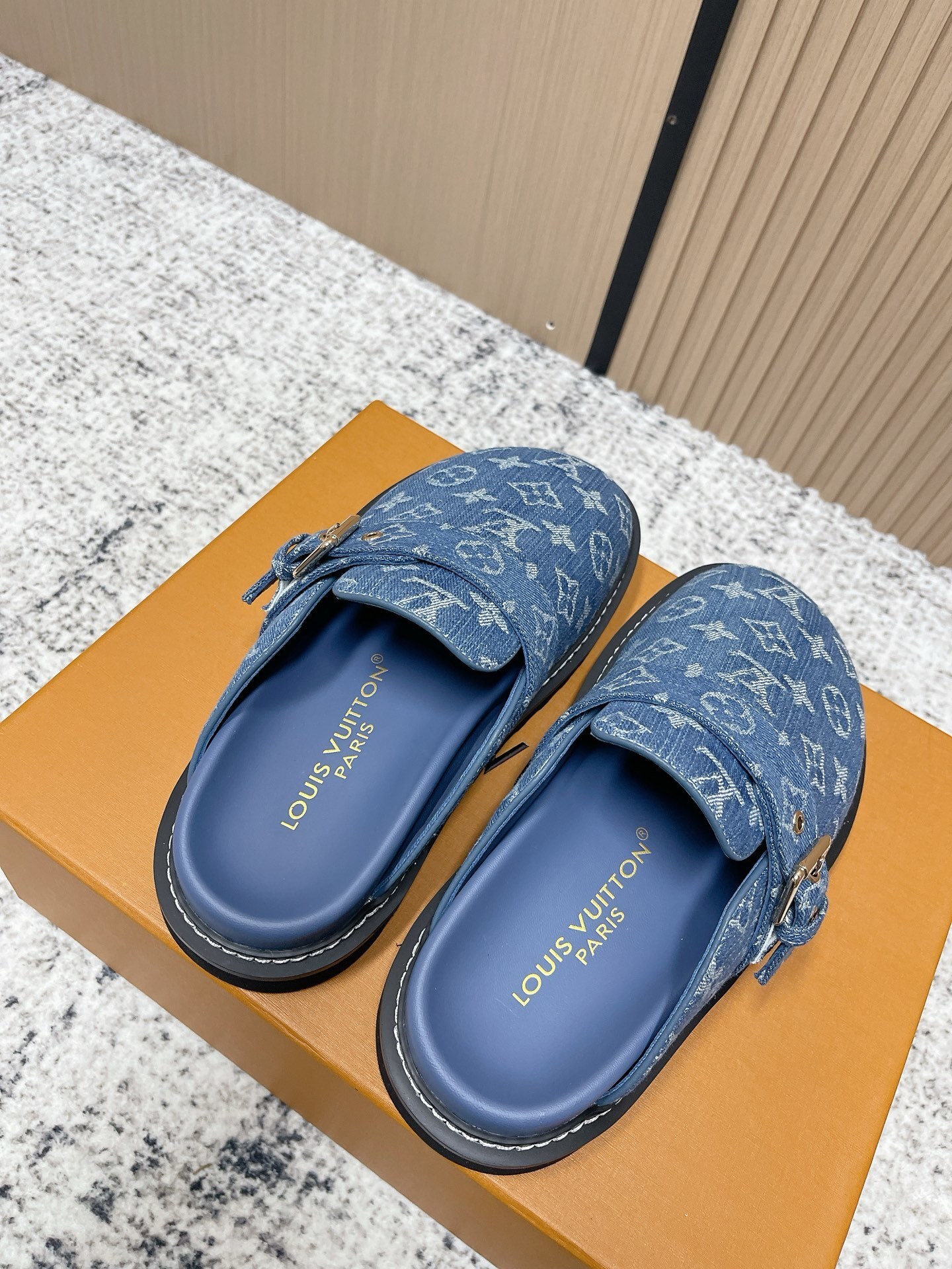 Luxury Blue Monogram Denim Mules with Adjustable Buckle Strap