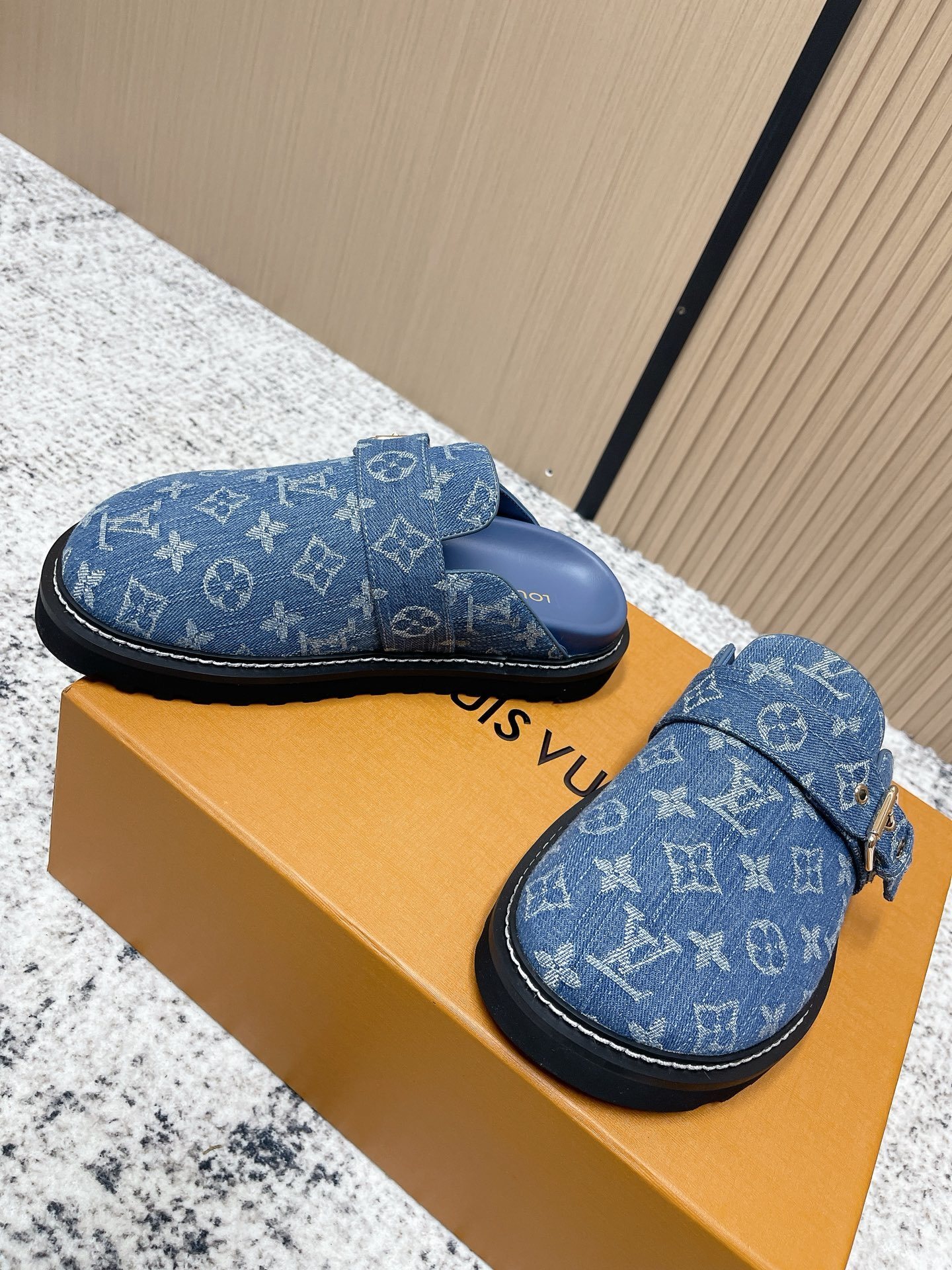 Luxury Blue Monogram Denim Mules with Adjustable Buckle Strap