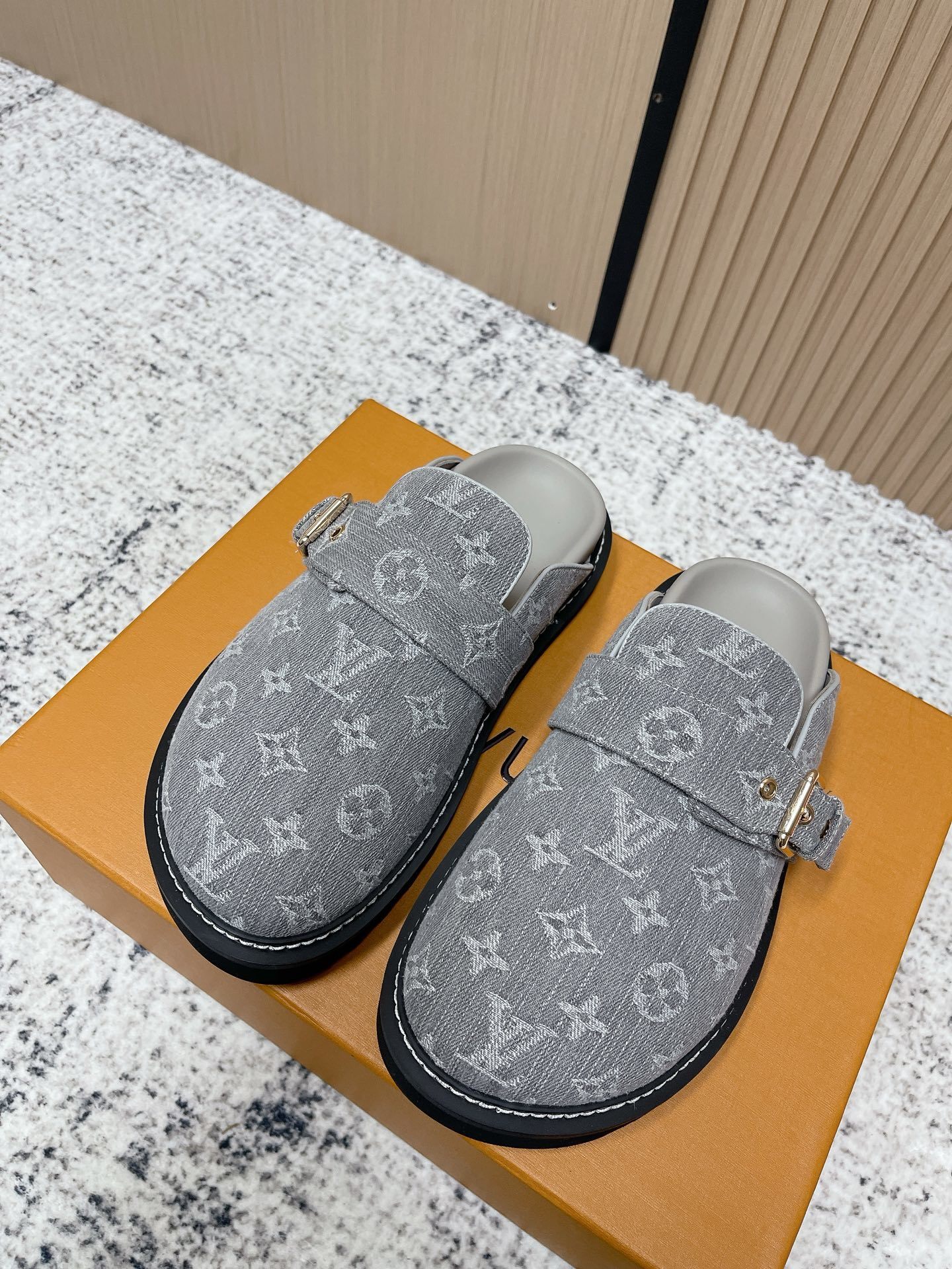 Luxury Grey Monogram Canvas Clog Mules – Designer Slippers