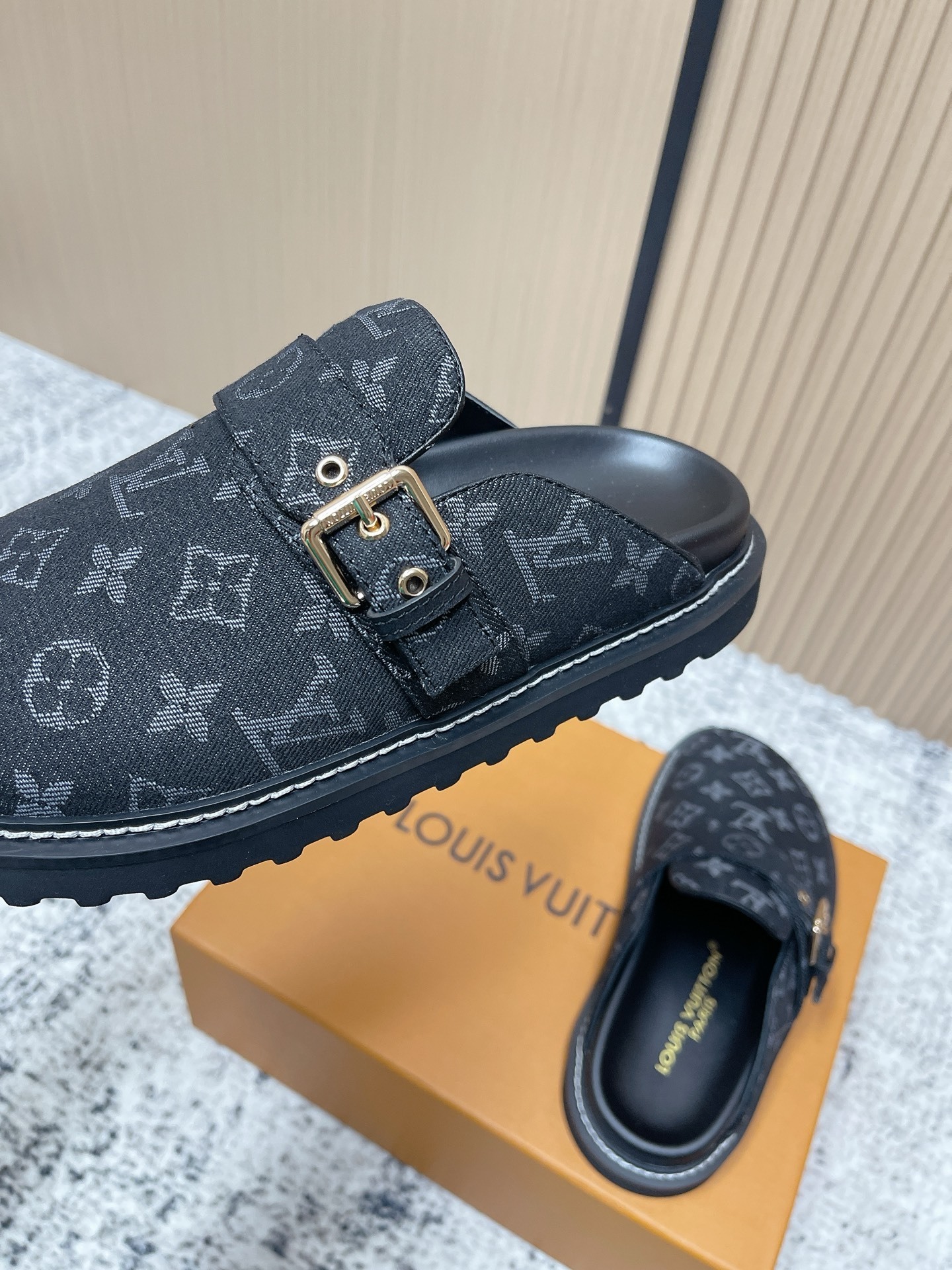 Luxury Monogram Denim Mules Black Buckle Slip-on Clogs for Men