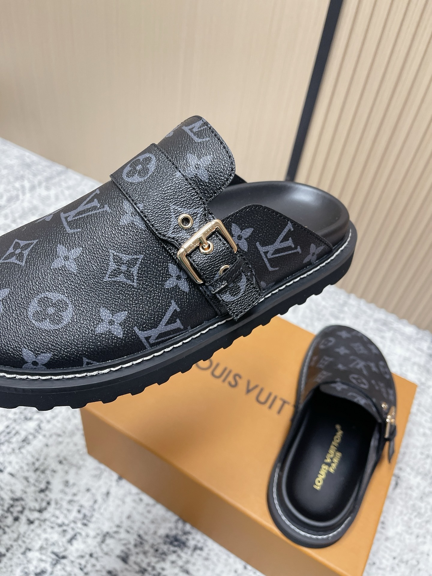 Louis Vuitton Monogram Eclipse Mules - Men's Luxury Buckle Slides