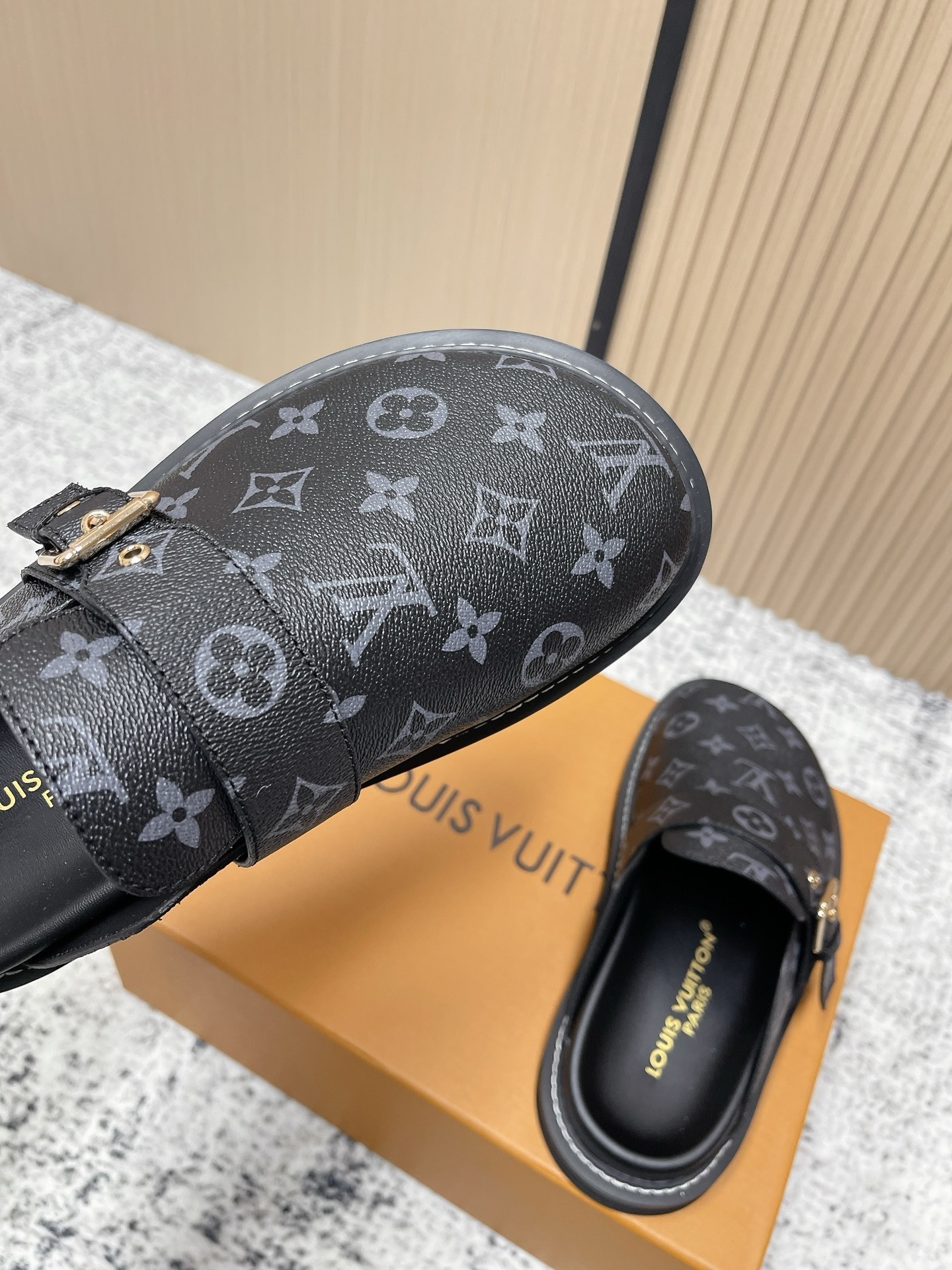 Louis Vuitton Monogram Eclipse Mules - Men's Luxury Buckle Slides