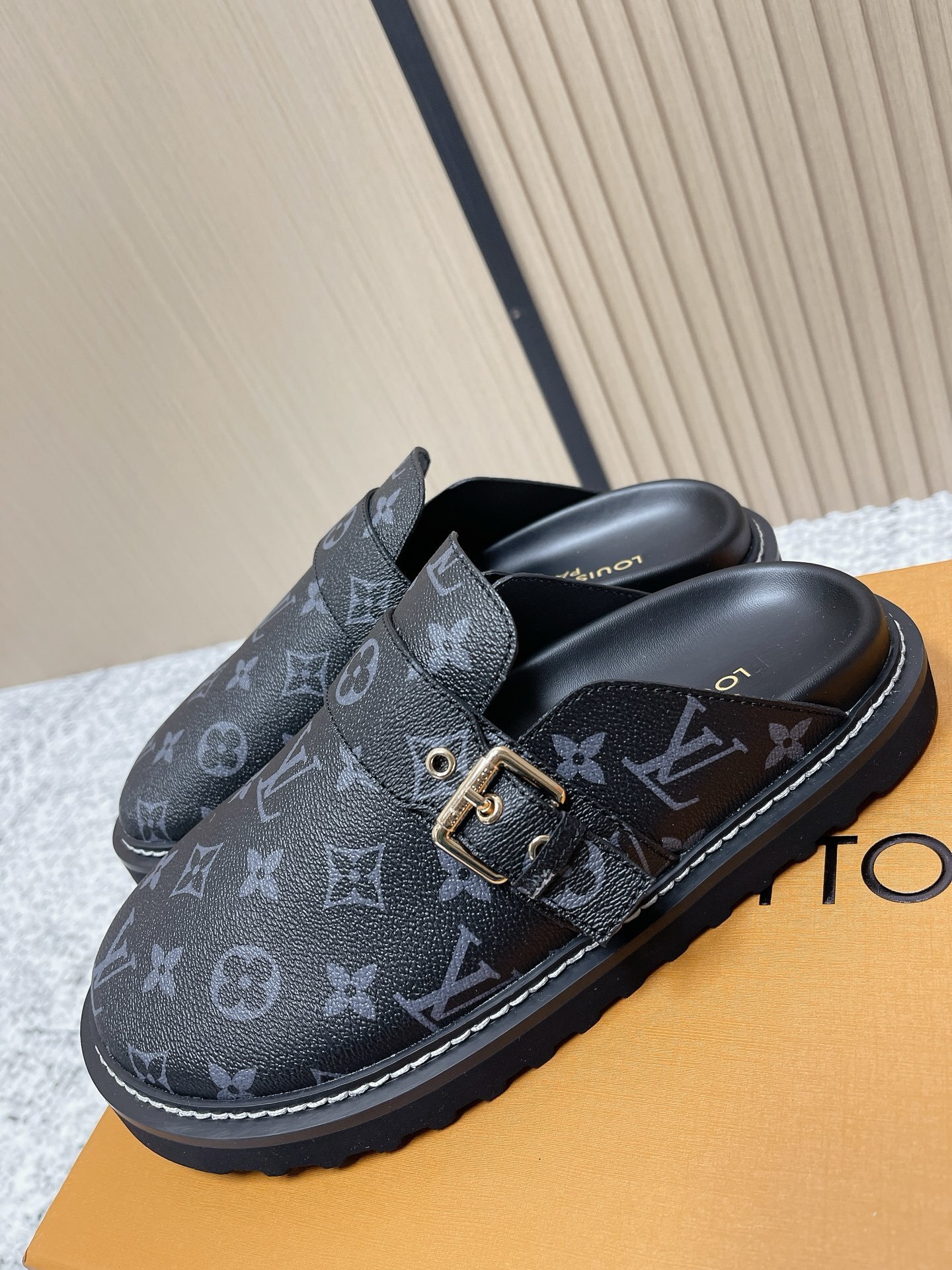 Louis Vuitton Monogram Eclipse Mules - Men's Luxury Buckle Slides