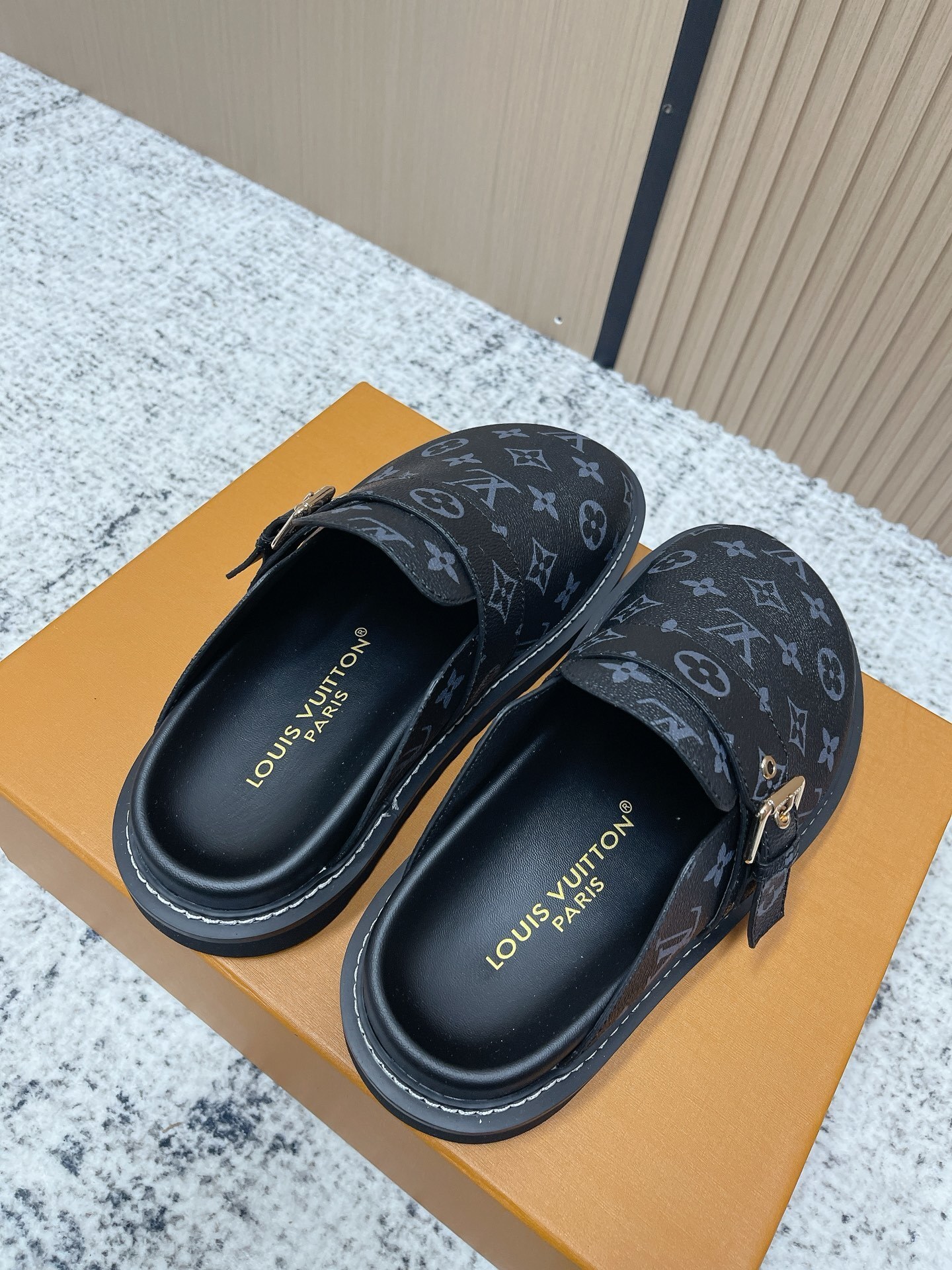 Louis Vuitton Monogram Eclipse Mules - Men's Luxury Buckle Slides