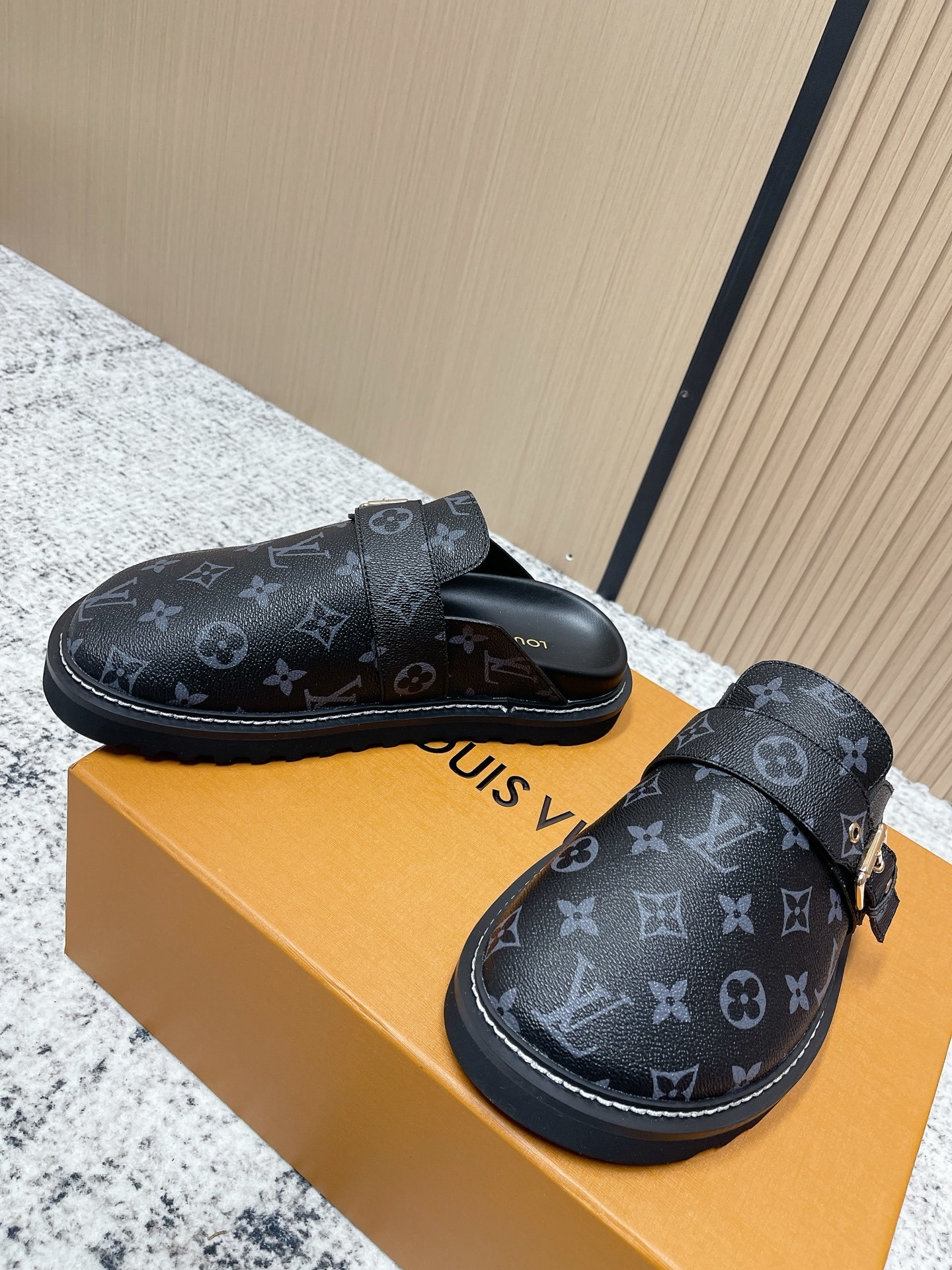 Louis Vuitton Monogram Eclipse Mules - Men's Luxury Buckle Slides