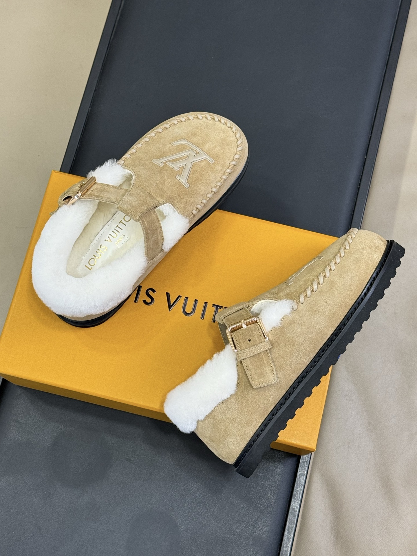 Designer Suede Shearling-Lined Loafers with Buckle Detail - Beige