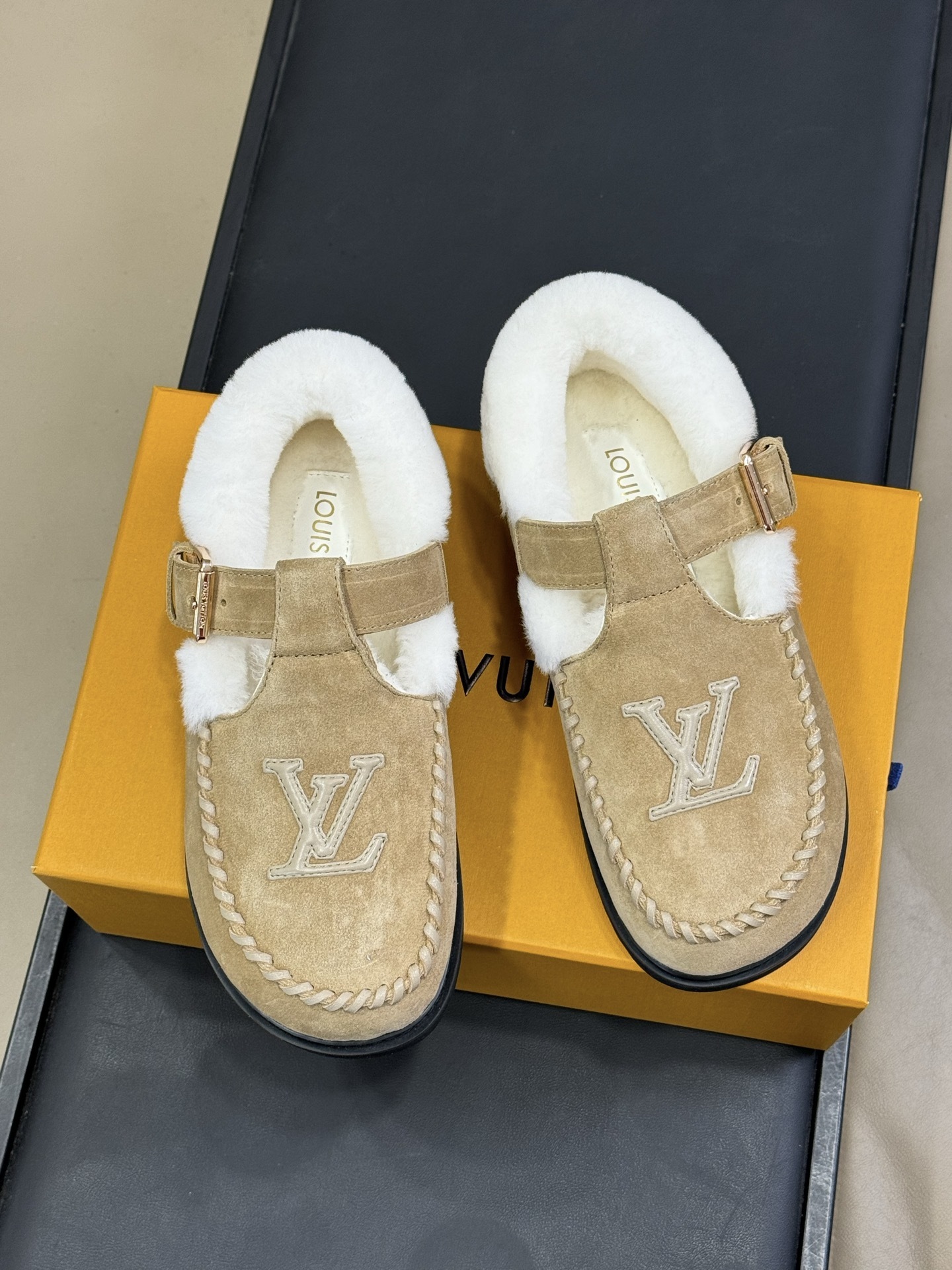 Designer Suede Shearling-Lined Loafers with Buckle Detail - Beige