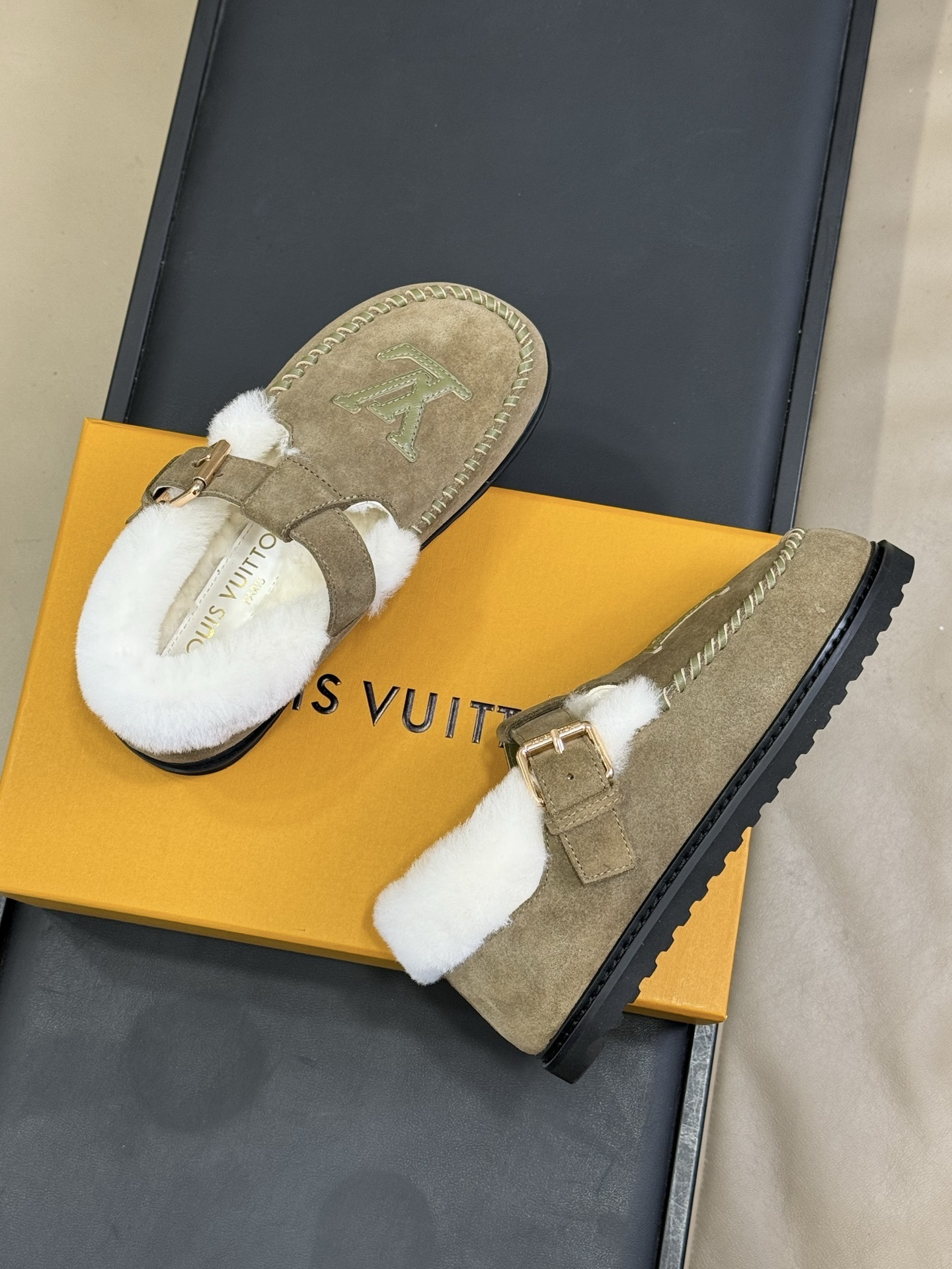 Louis Vuitton Shearling-Lined Suede Loafers - Olive Green