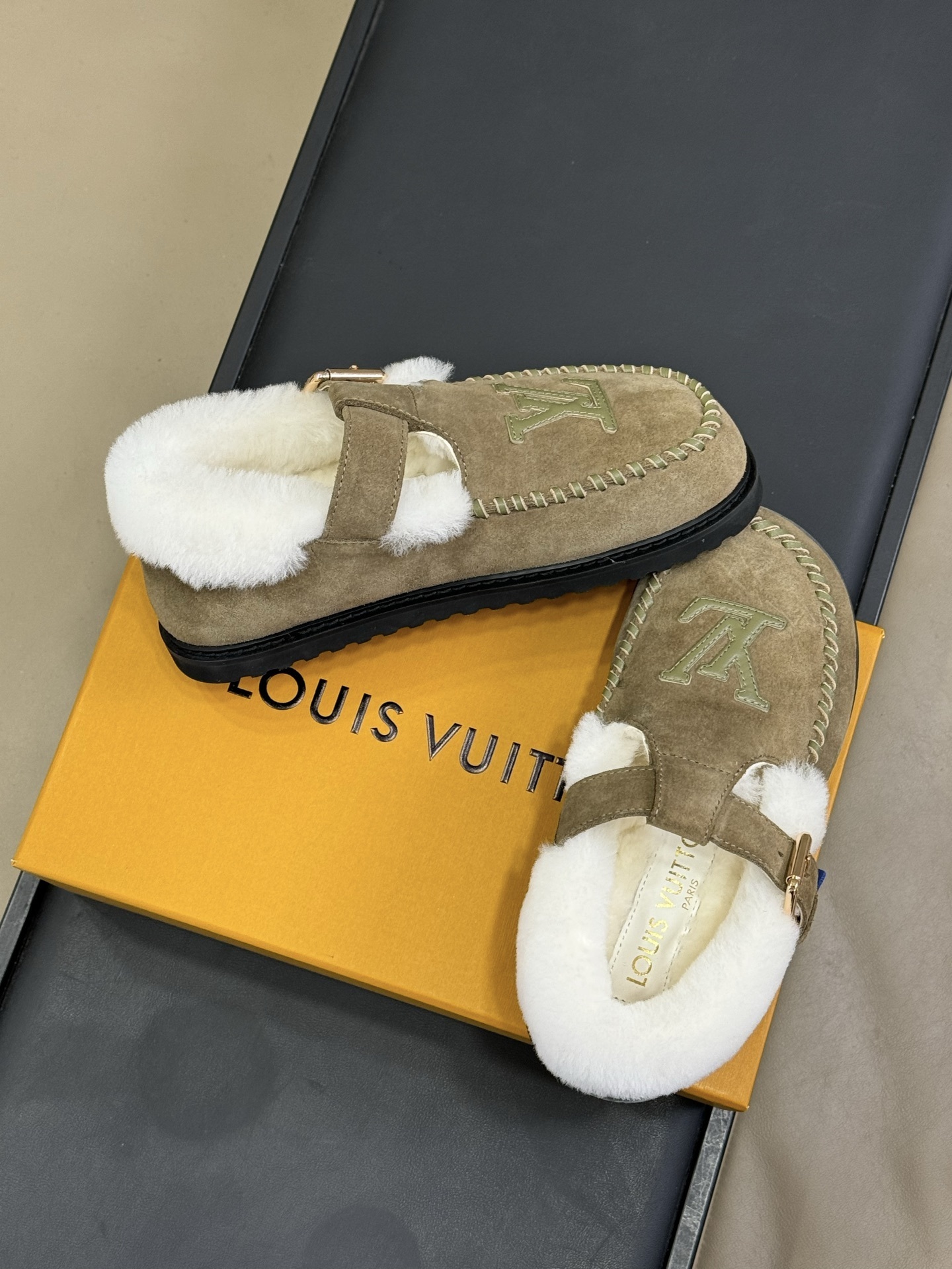 Louis Vuitton Shearling-Lined Suede Loafers - Olive Green