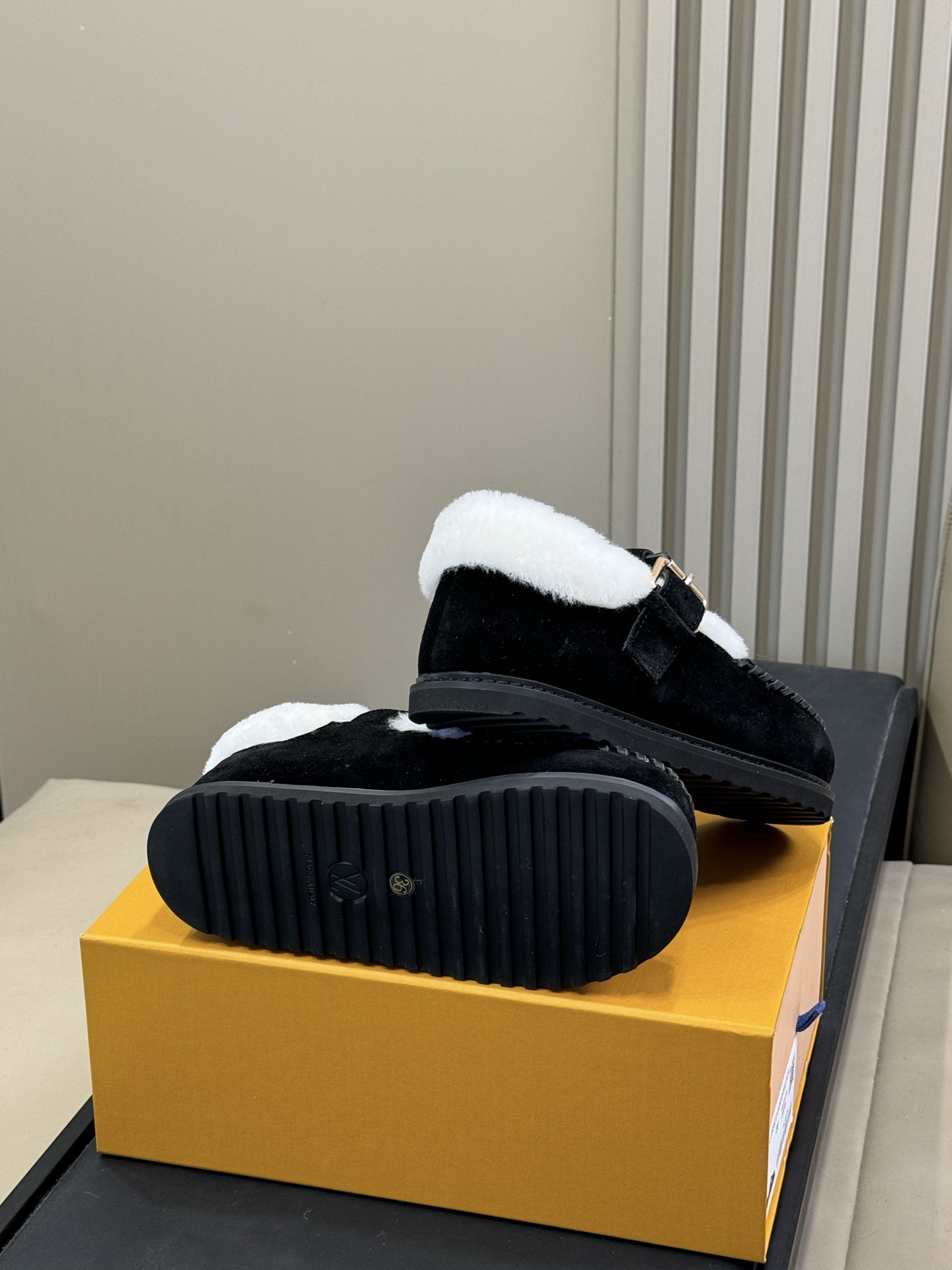 Luxury Black Suede Shearling Lined Loafers with LV Logo