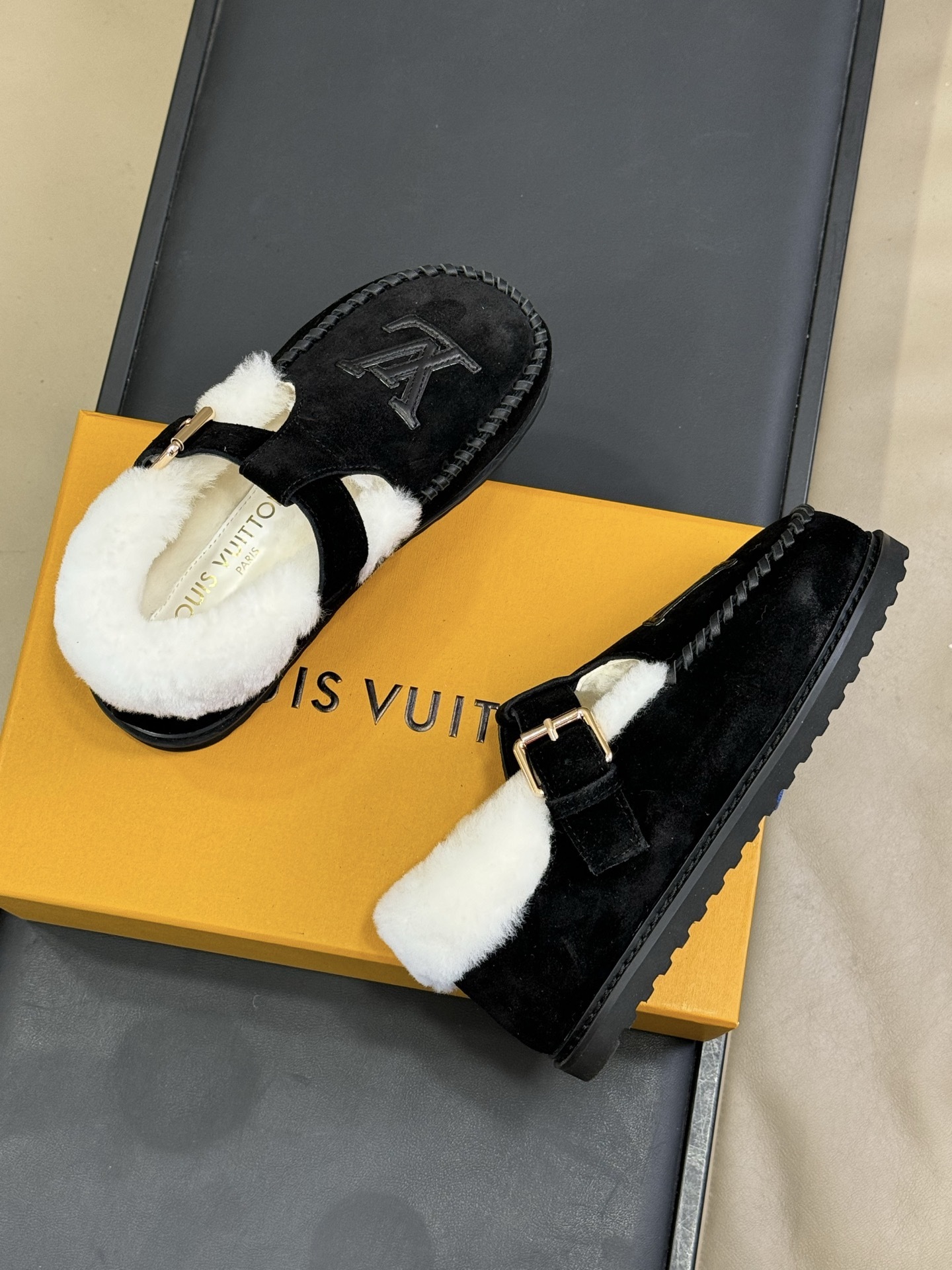 Luxury Black Suede Shearling Lined Loafers with LV Logo