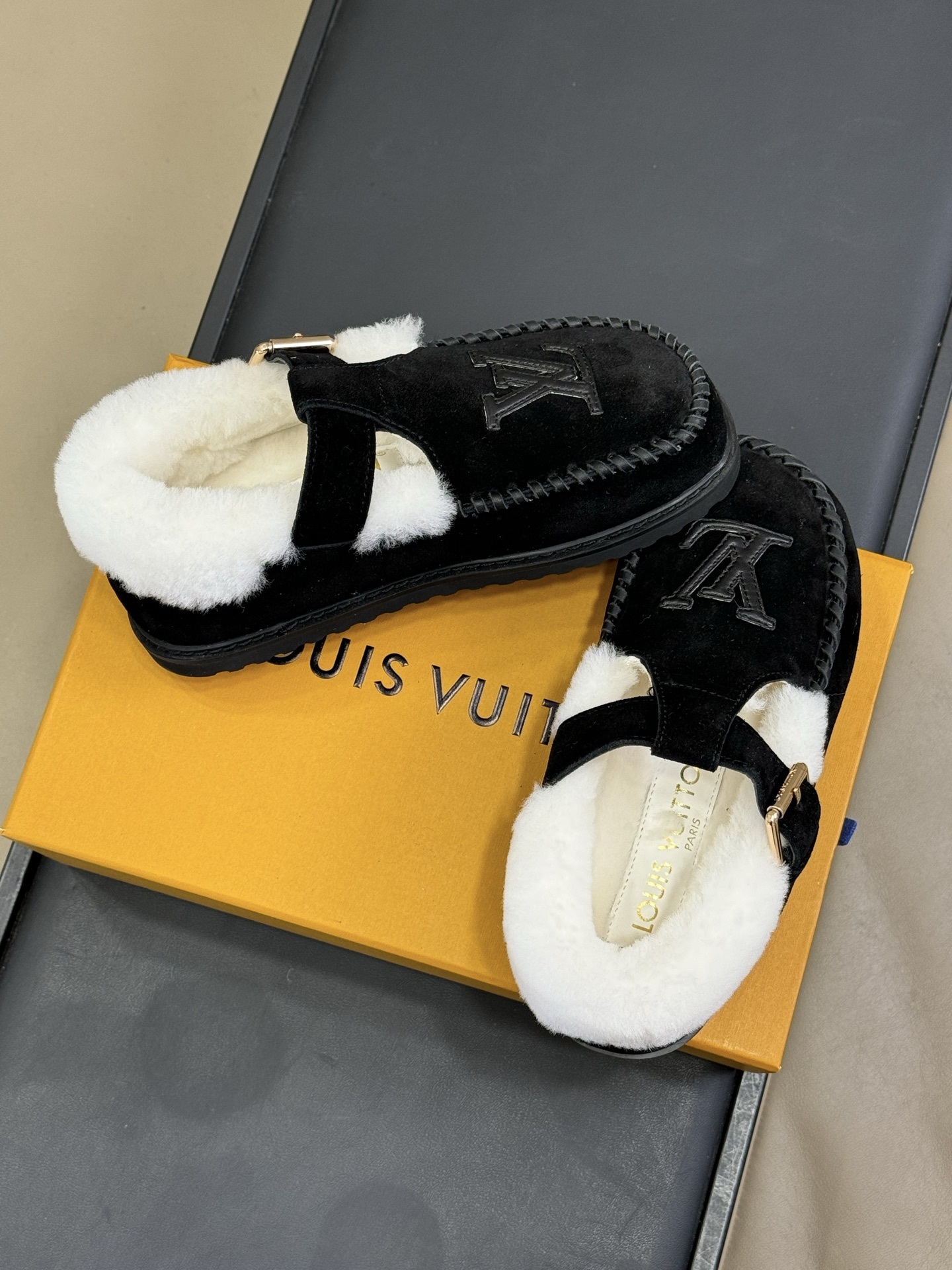 Luxury Black Suede Shearling Lined Loafers with LV Logo