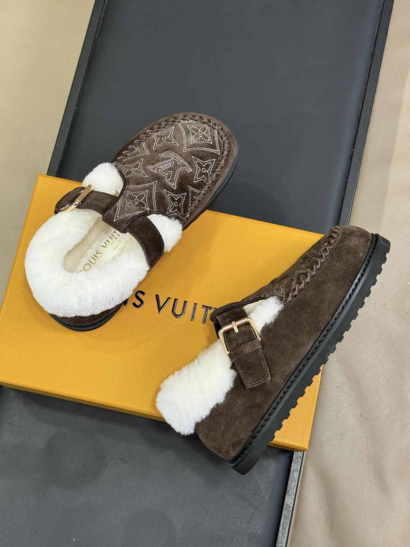 Luxury Brown Suede Shearling Loafers with Monogram Embroidery