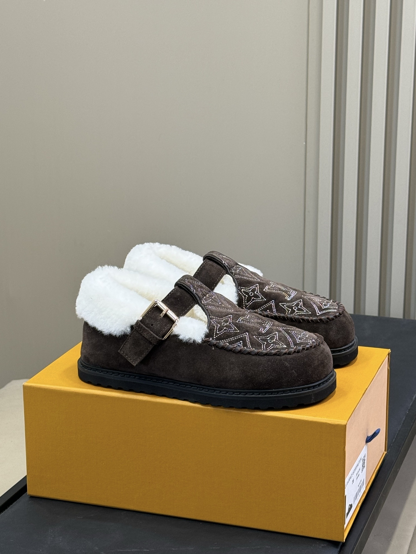 Luxury Brown Suede Shearling Loafers with Monogram Embroidery