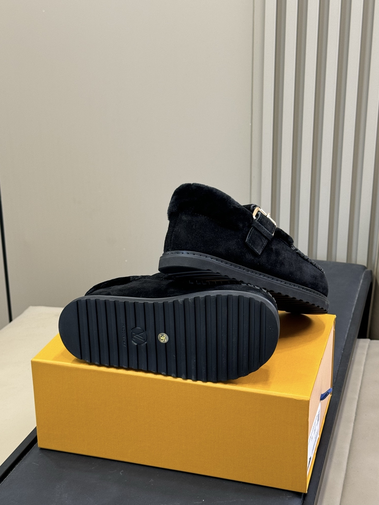 Louis Vuitton Black Suede Shearling Moccasins with Monogram