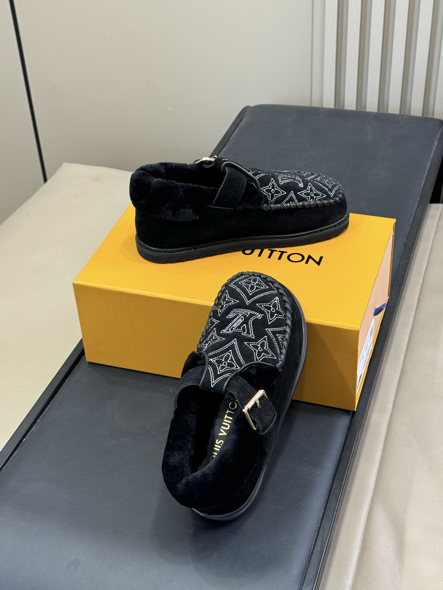 Louis Vuitton Black Suede Shearling Moccasins with Monogram