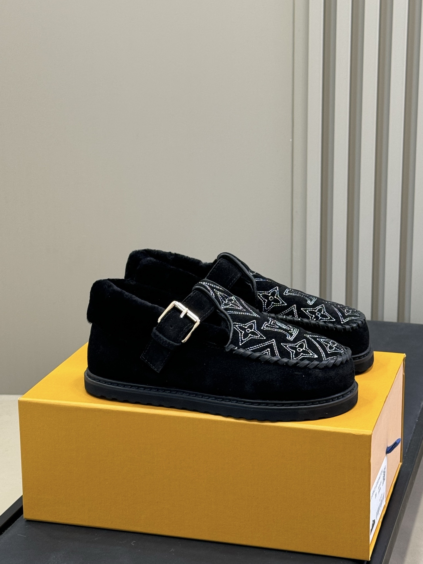 Louis Vuitton Black Suede Shearling Moccasins with Monogram
