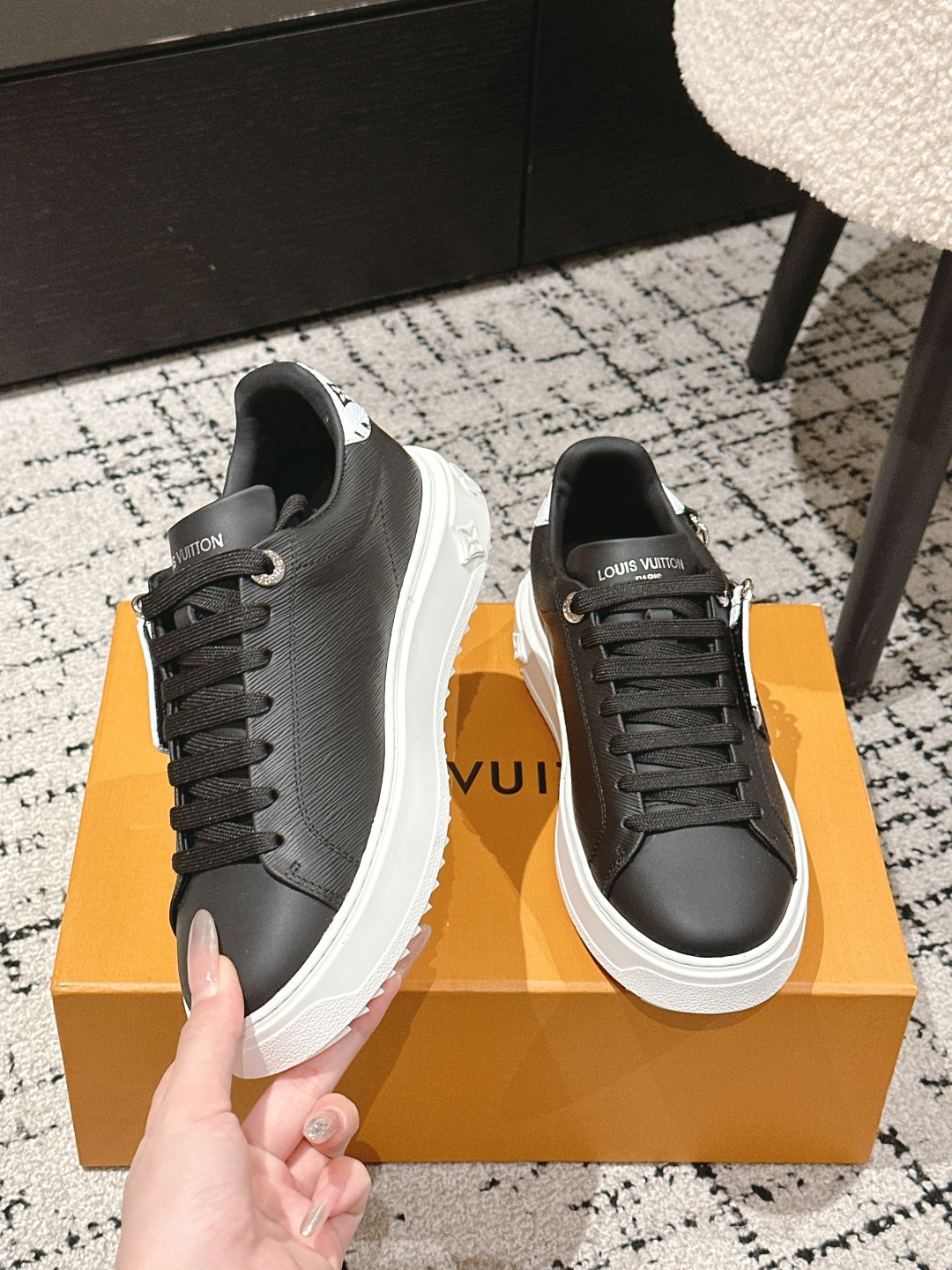 Louis Vuitton Women's Black Leather Sneakers with Gold Chain Detail