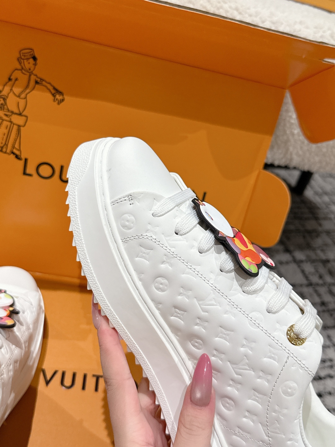 Louis Vuitton White Monogram Leather Sneakers with Panda Charms