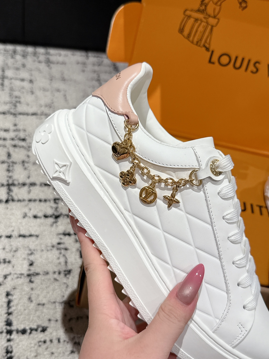 Louis Vuitton Women's White Leather Sneakers with Gold Charms