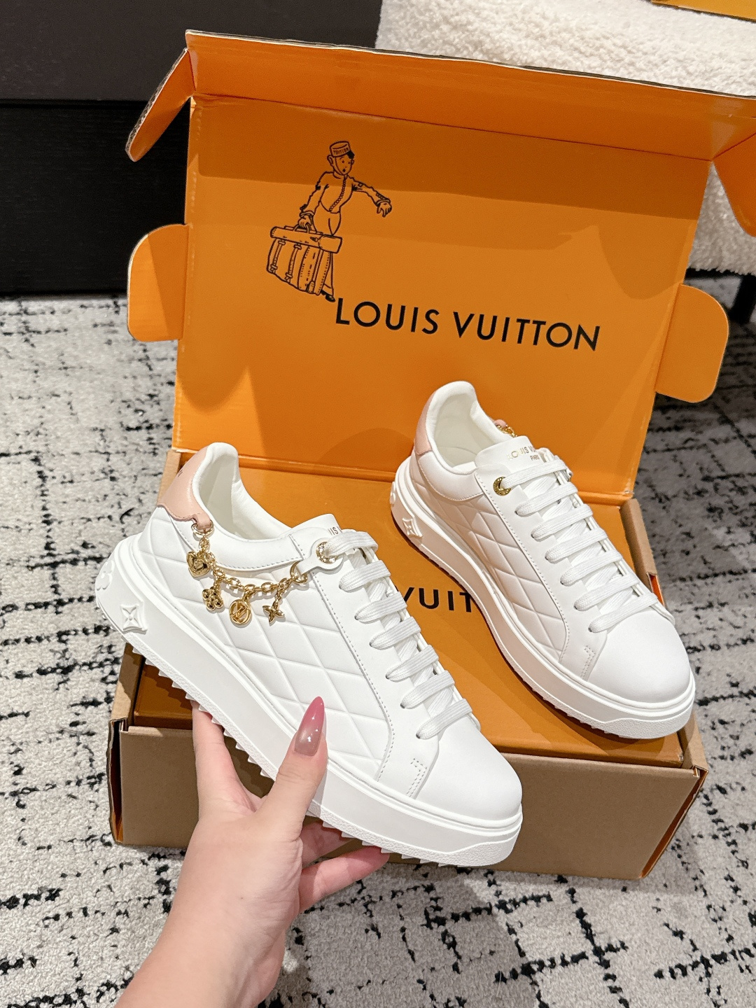 Louis Vuitton Women's White Leather Sneakers with Gold Charms
