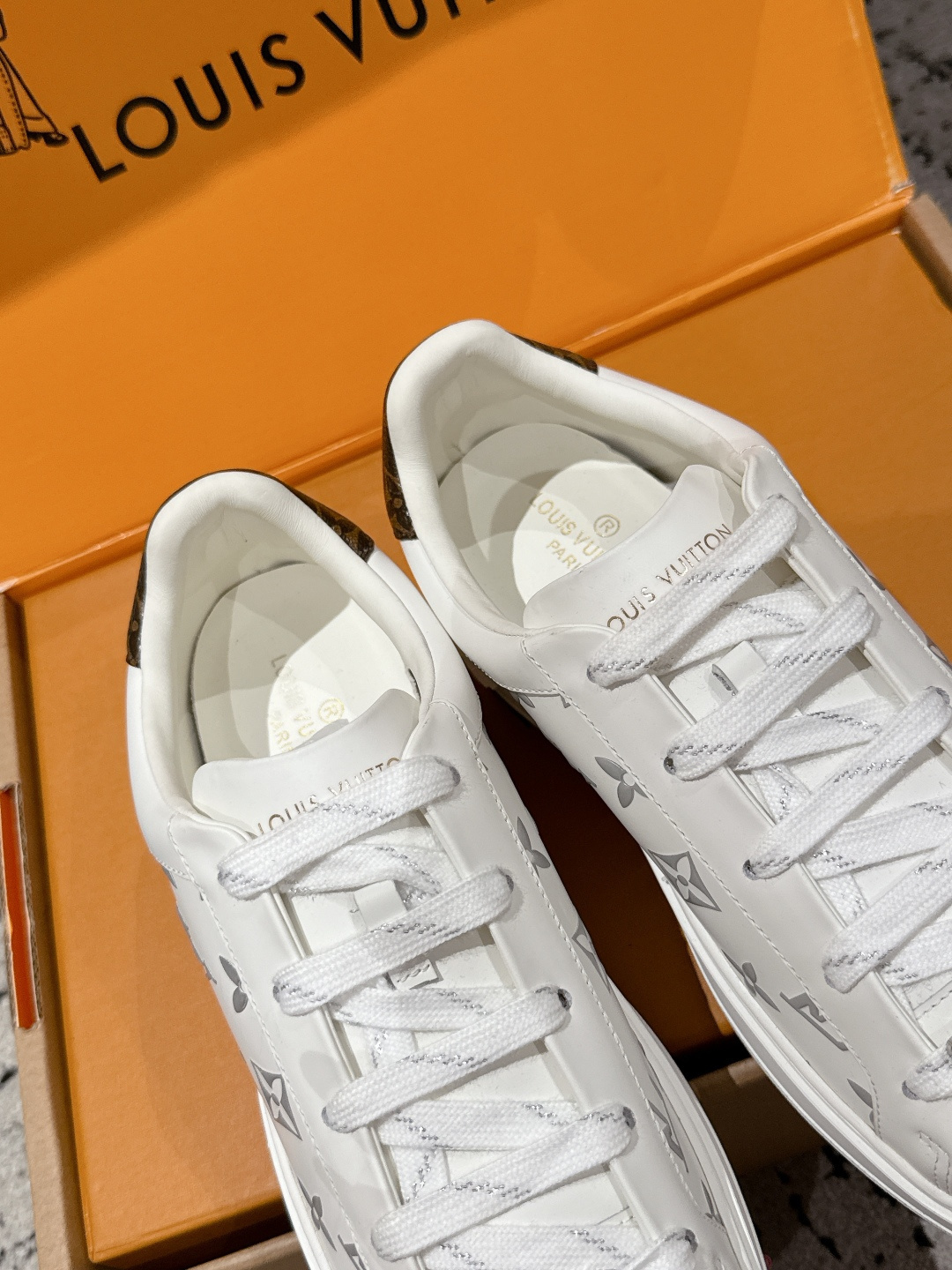 Louis Vuitton White Embossed Monogram Sneakers with Lace Charms