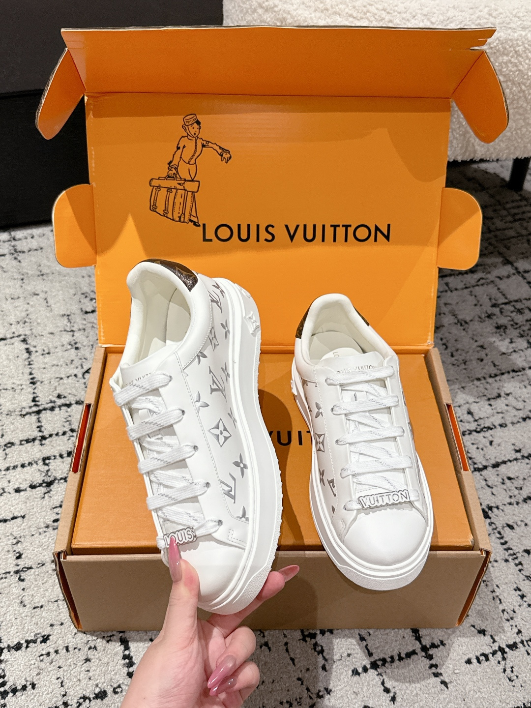 Louis Vuitton White Embossed Monogram Sneakers with Lace Charms