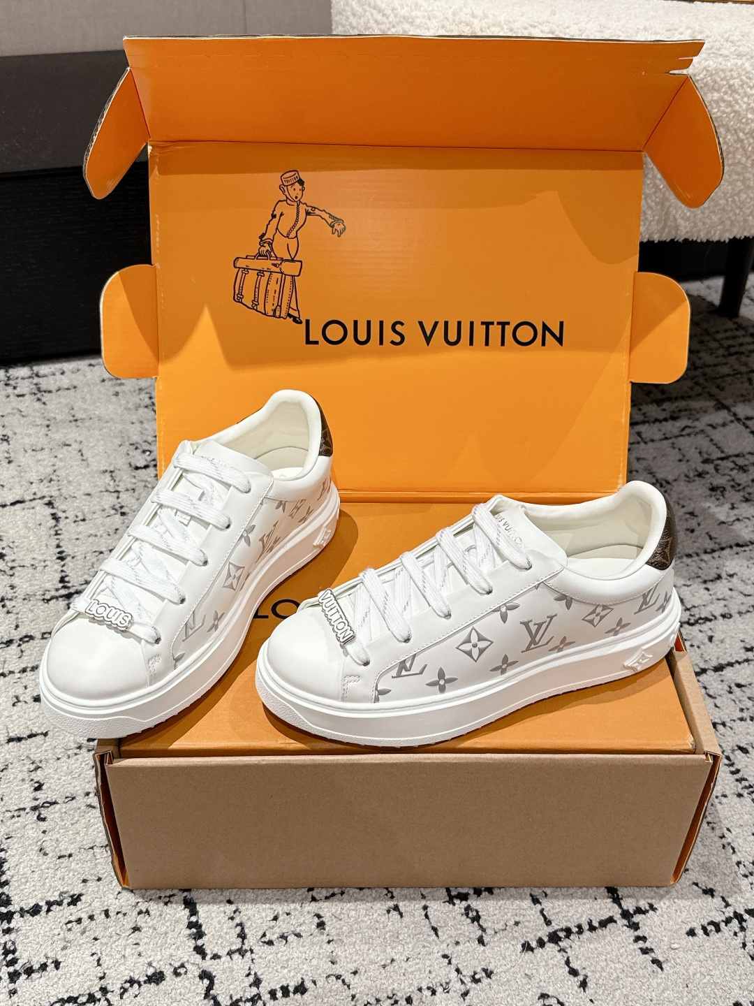 Louis Vuitton White Embossed Monogram Sneakers with Lace Charms