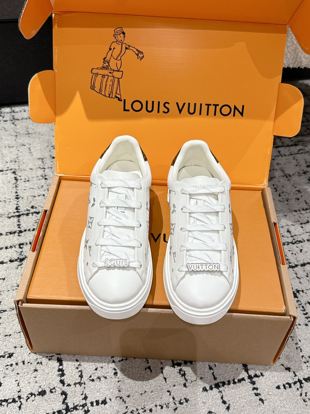 Louis Vuitton White Embossed Monogram Sneakers with Lace Charms