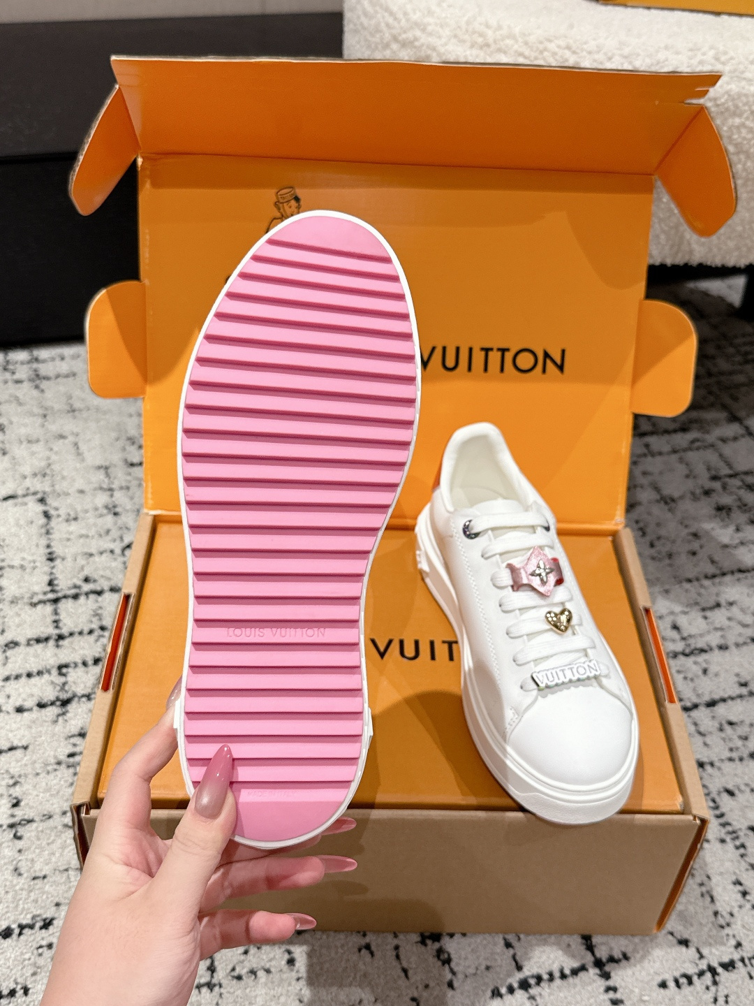 Louis Vuitton White Leather Sneakers with Designer Lace Charms