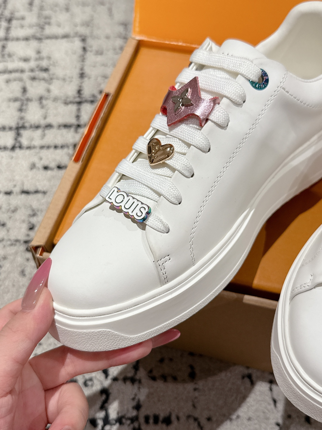 Louis Vuitton White Leather Sneakers with Designer Lace Charms