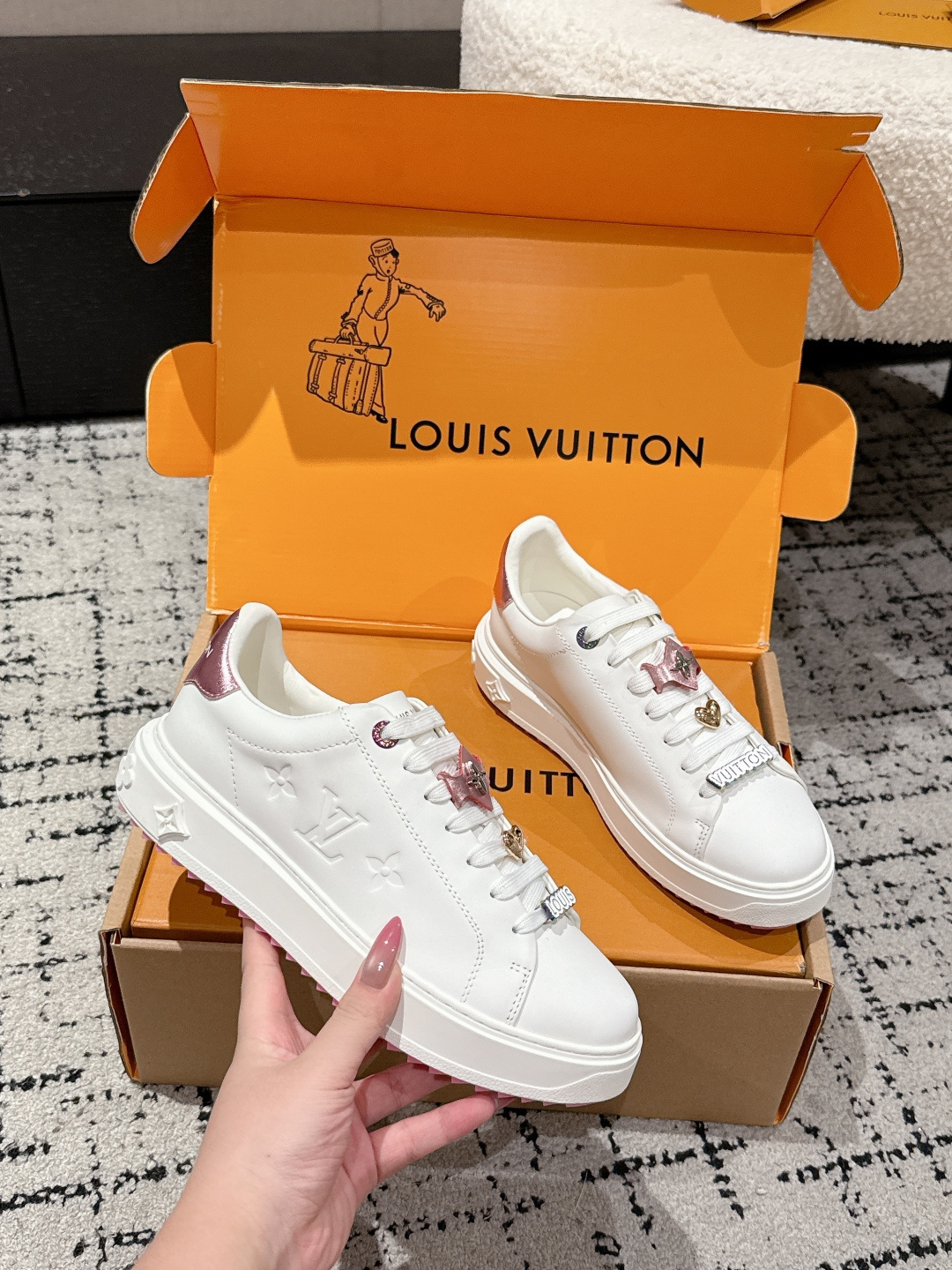 Louis Vuitton White Leather Sneakers with Designer Lace Charms