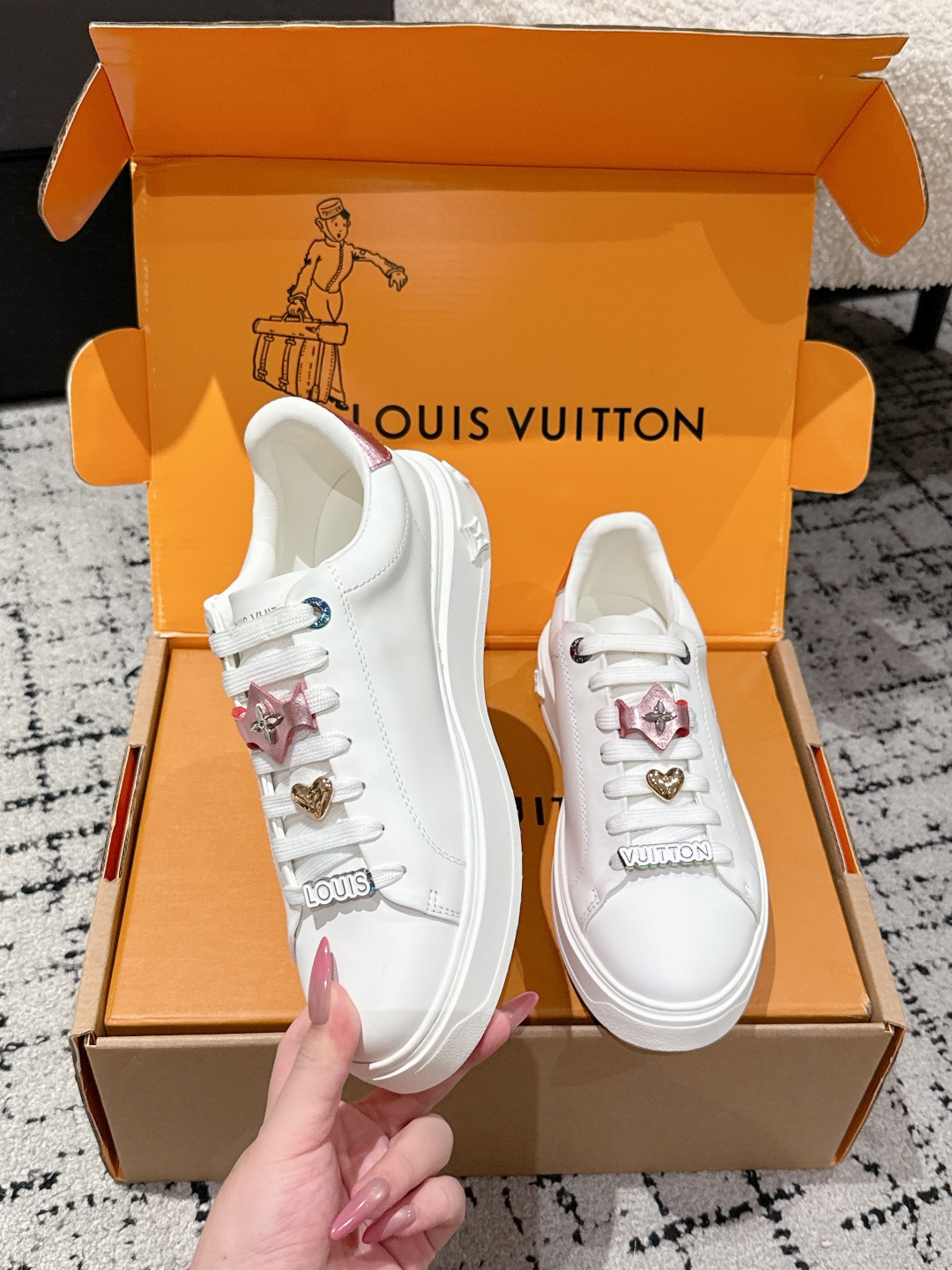 Louis Vuitton White Leather Sneakers with Designer Lace Charms