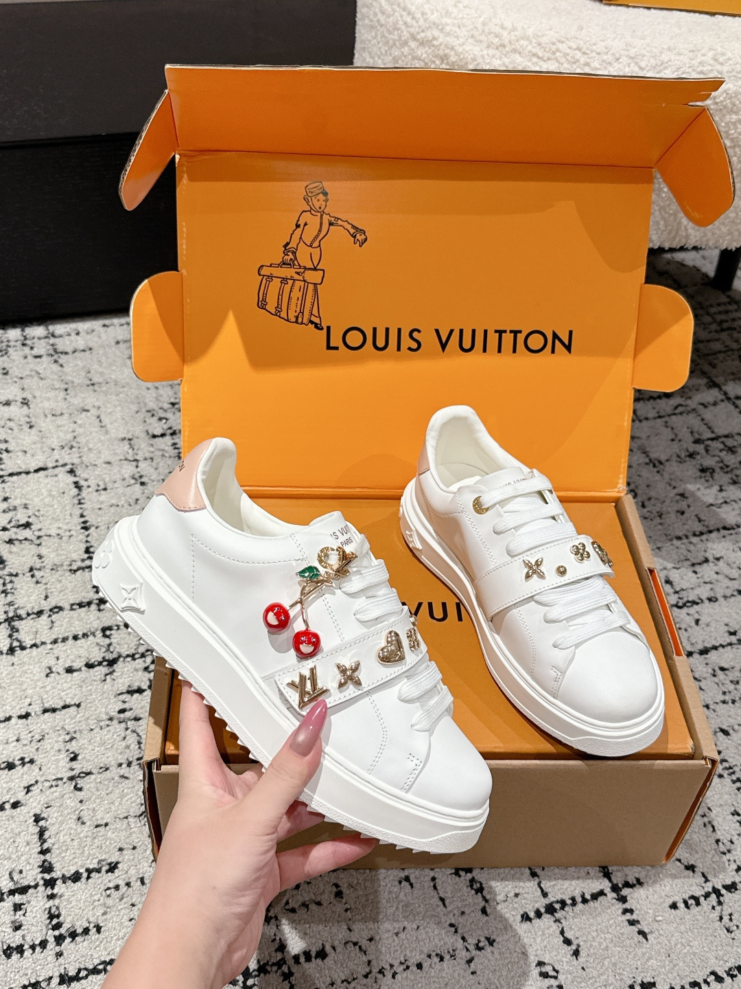 Louis Vuitton White Leather Sneakers with Iconic Gold Charms