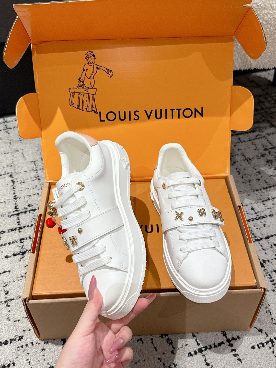 Louis Vuitton White Leather Sneakers with Iconic Gold Charms