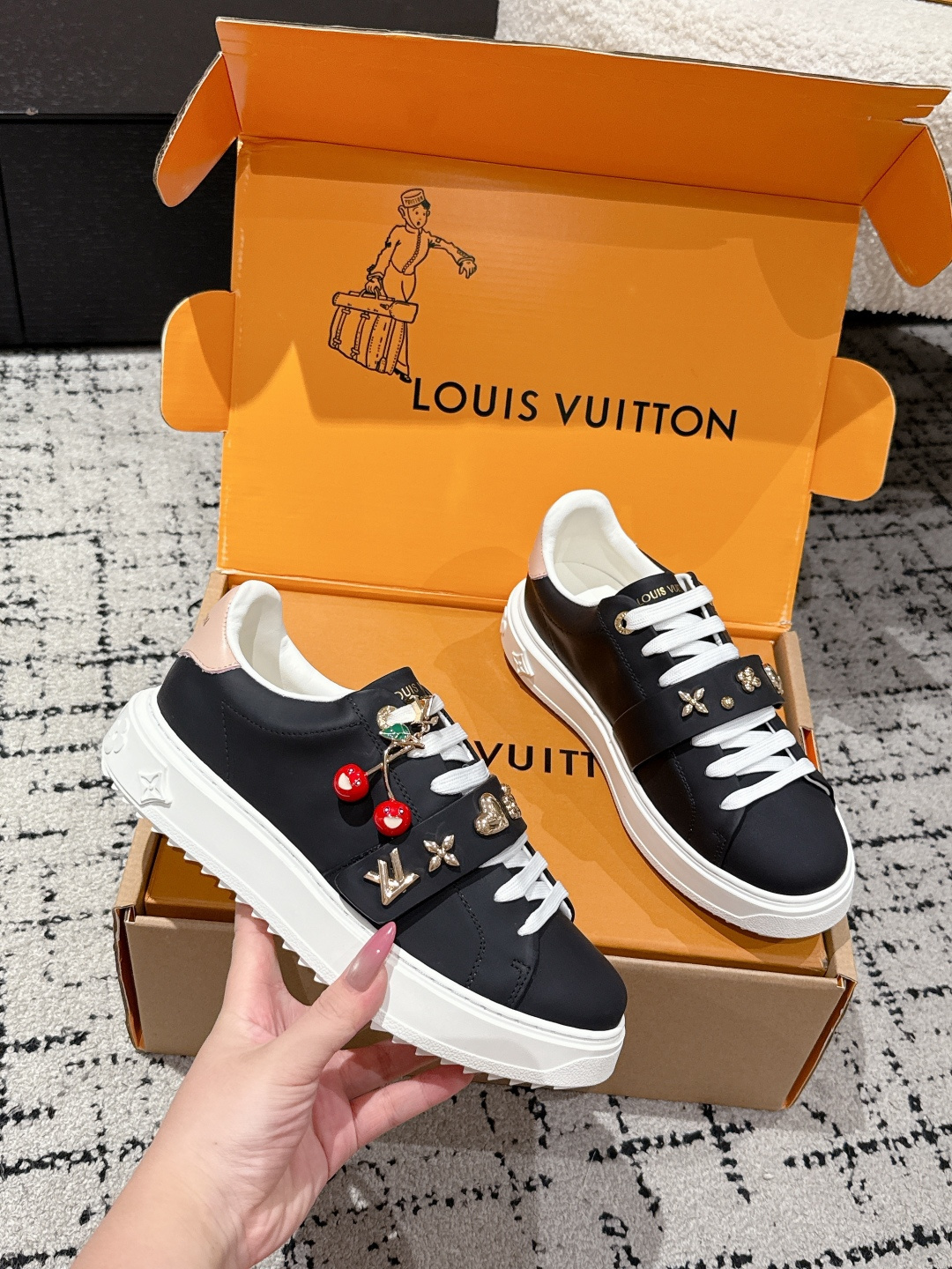 Louis Vuitton Black Leather Sneakers with Decorative Gold Charms