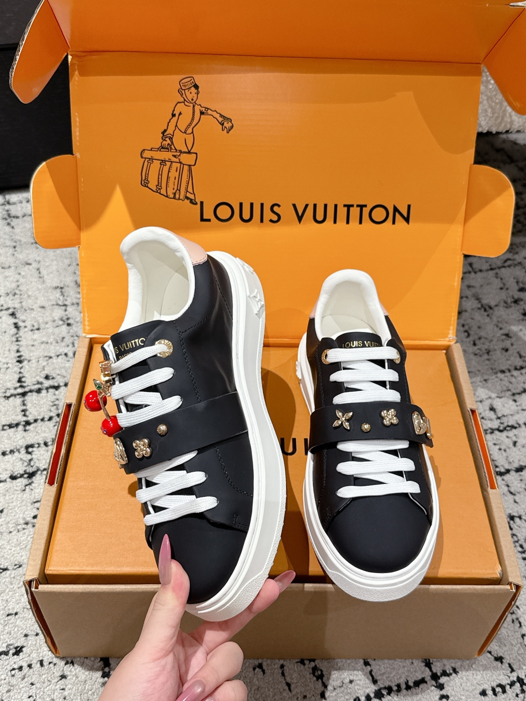Louis Vuitton Black Leather Sneakers with Decorative Gold Charms