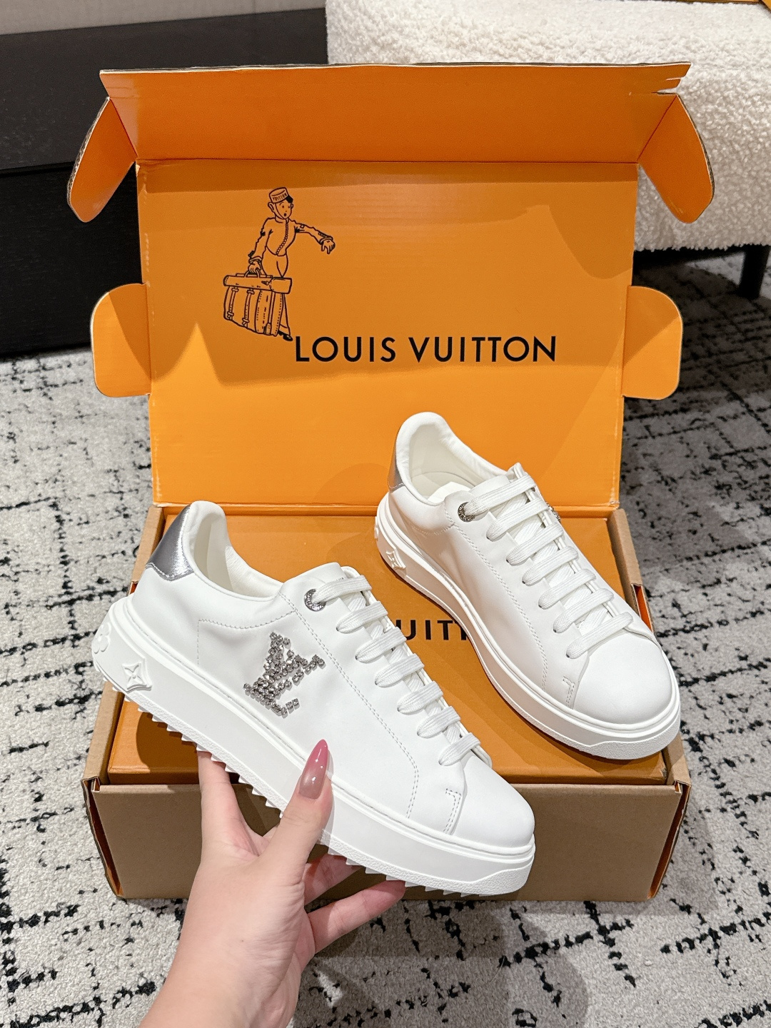 Louis Vuitton Women's White Leather Sneakers with Crystal Monogram