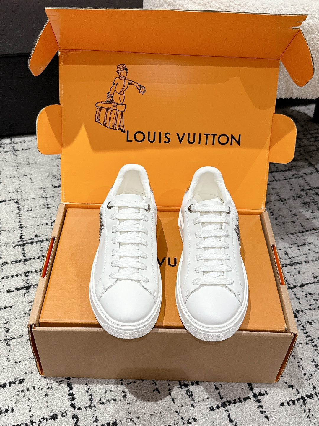 Louis Vuitton Women’s White Leather Sneakers with Crystal Monogram