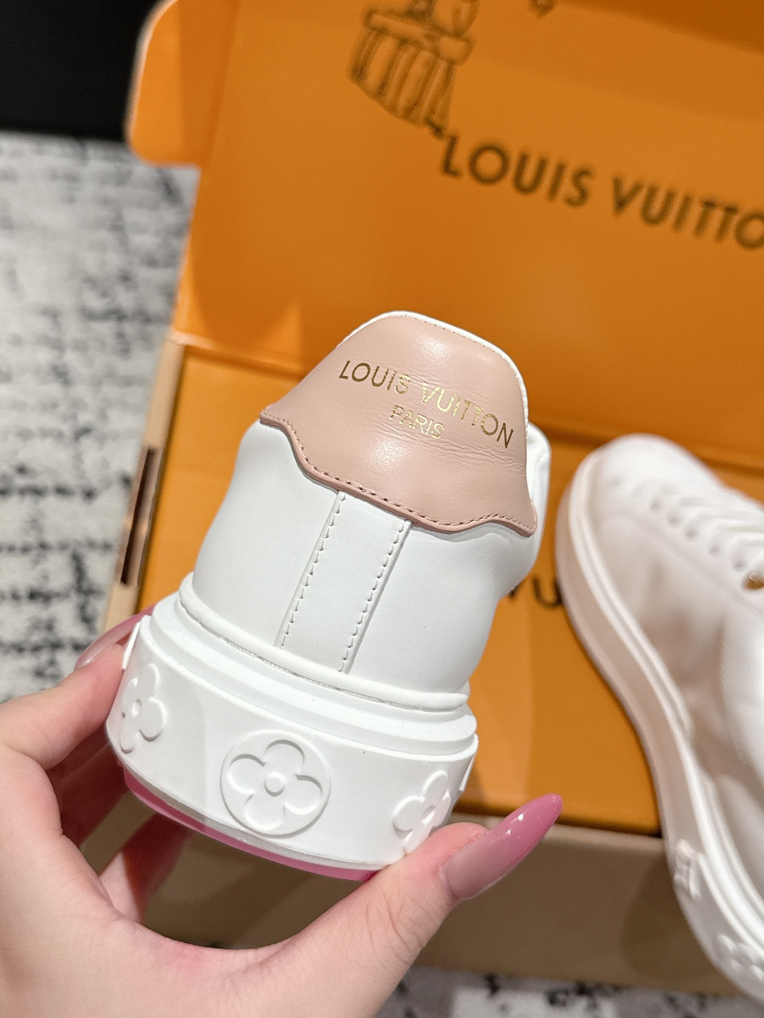 Louis Vuitton Women's White Leather Sneakers with Pink Flower Charm